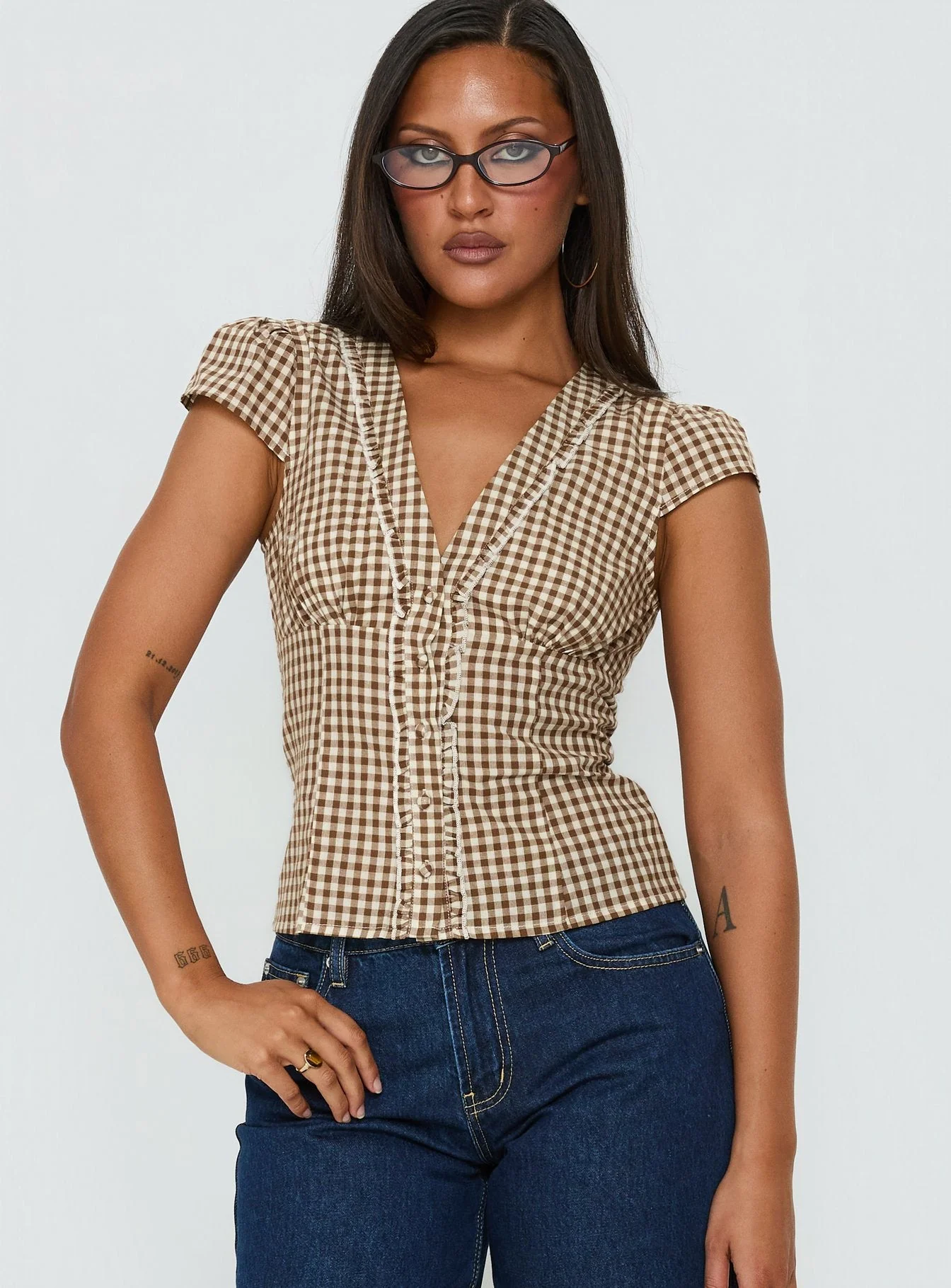 Bradlie Frill Detail Short Sleeve Blouse Top Chocolate Gingham - Image 2