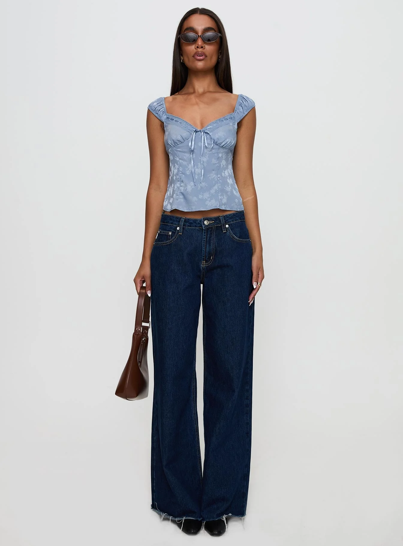 Branwen Cap Sleeve Tie Detail Top Blue Floral - Image 6