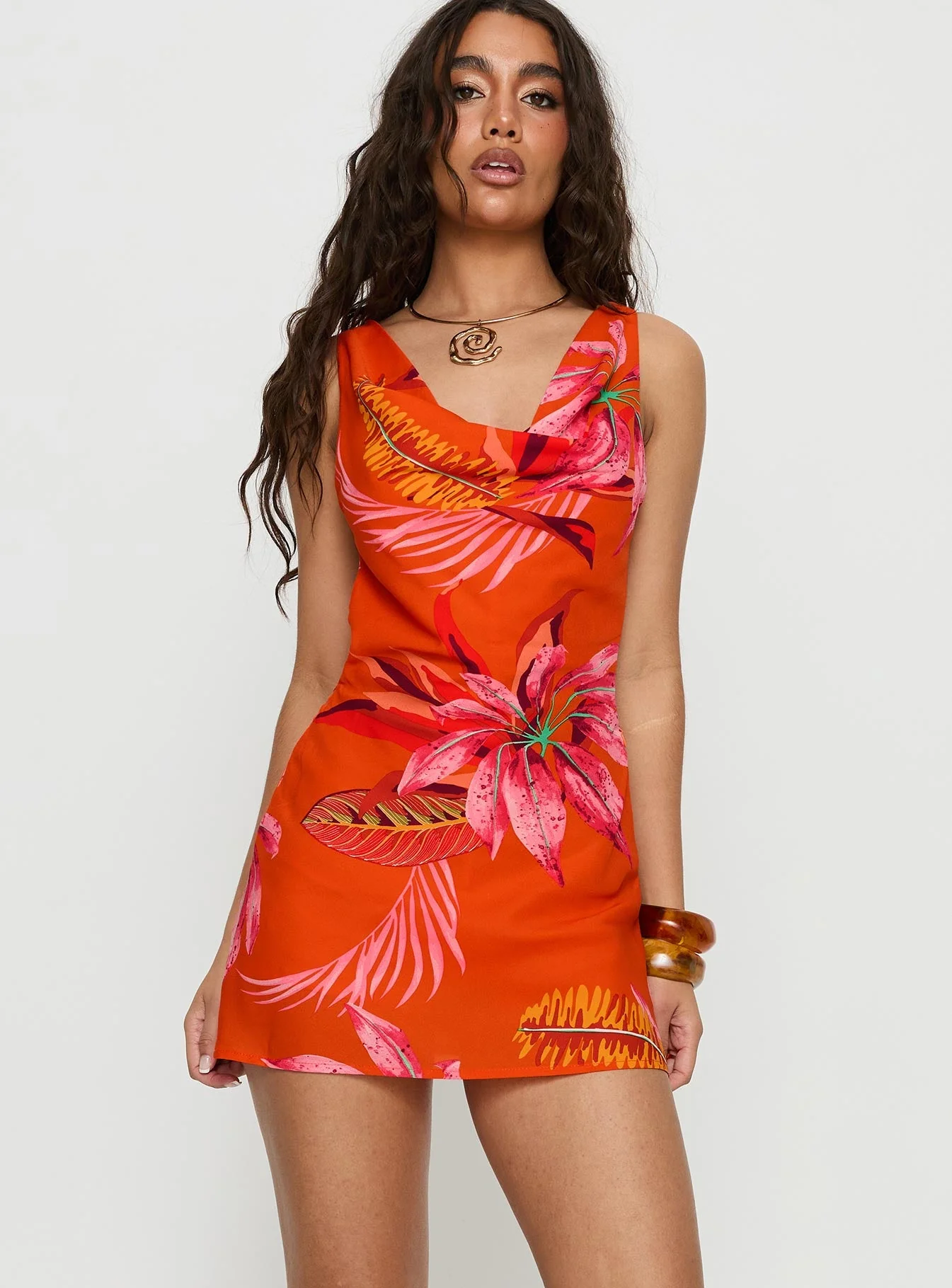 Breeanne Plunge Neck Backless Playsuit Orange Floral