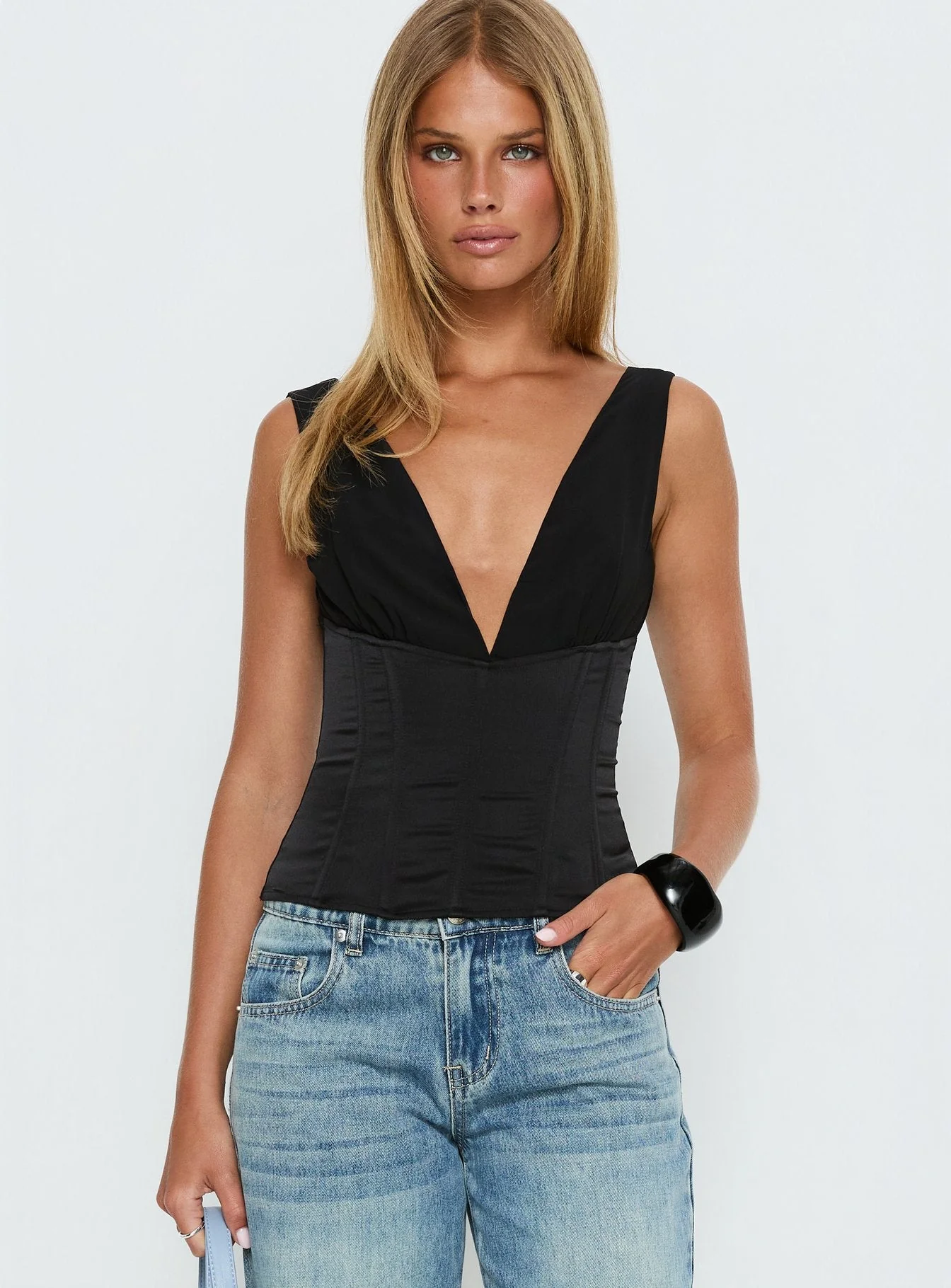 Briannah Contrast Corset Top Black - Image 2