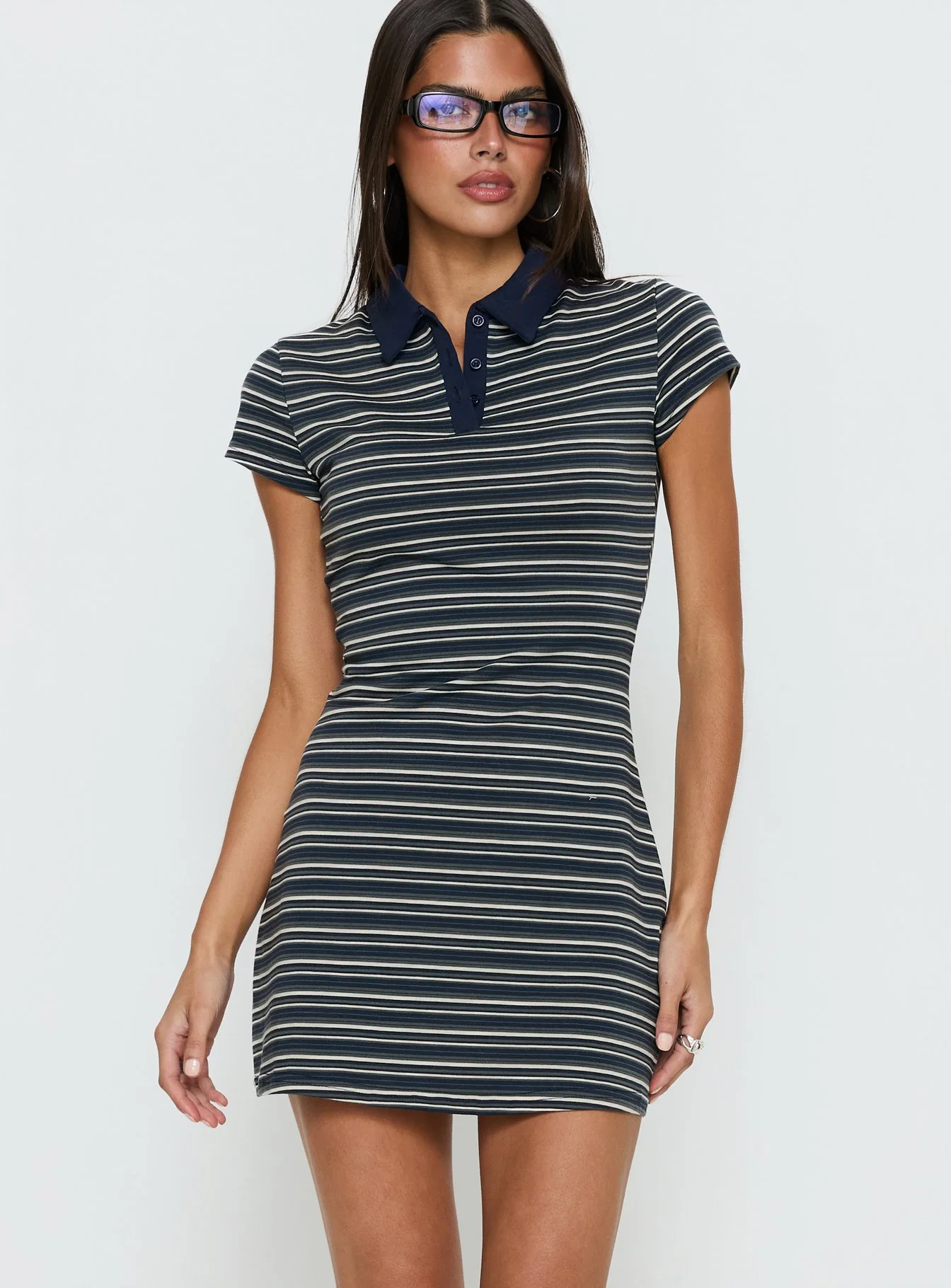 Britte Polo Shirt Mini Dress Navy Stripe - Image 2