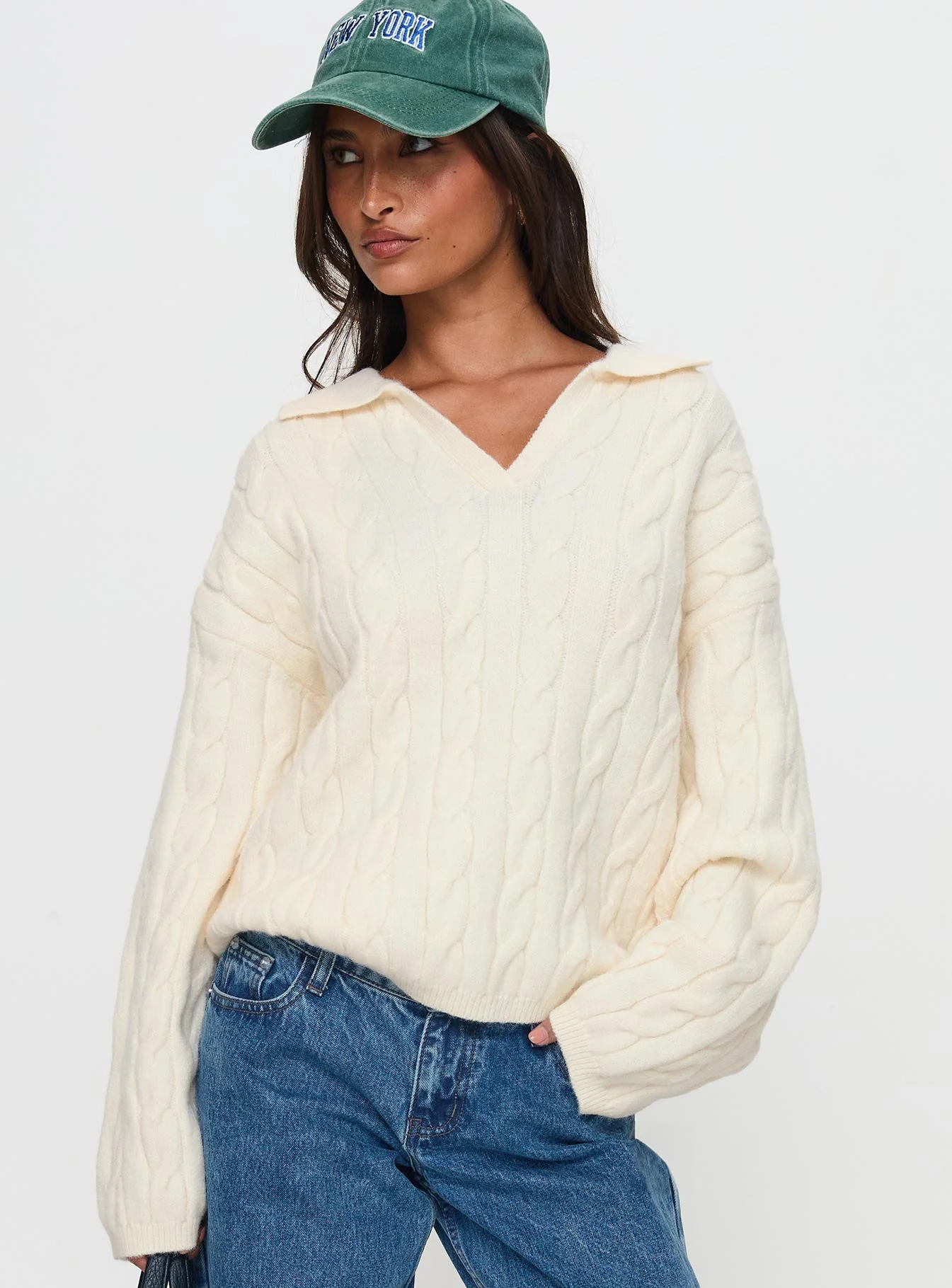 Brodey Collared Cable Knit Sweater Cream - Image 2