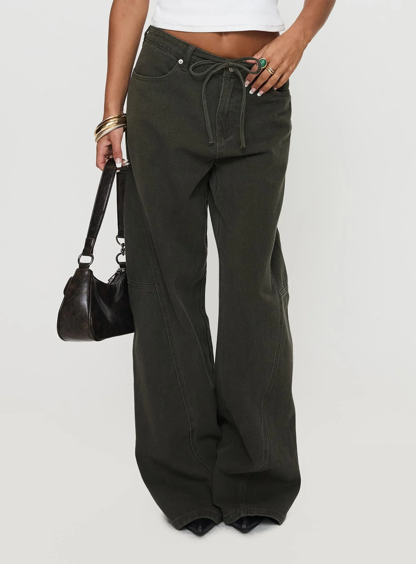 Bruiser Tie Waist Mid Rise Wide Leg Jeans Green Petite - Image 2