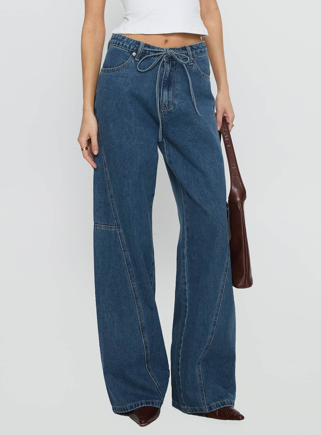 Bruiser Tie Waist Mid Rise Wide Leg Jeans Mid Blue Wash - Image 2