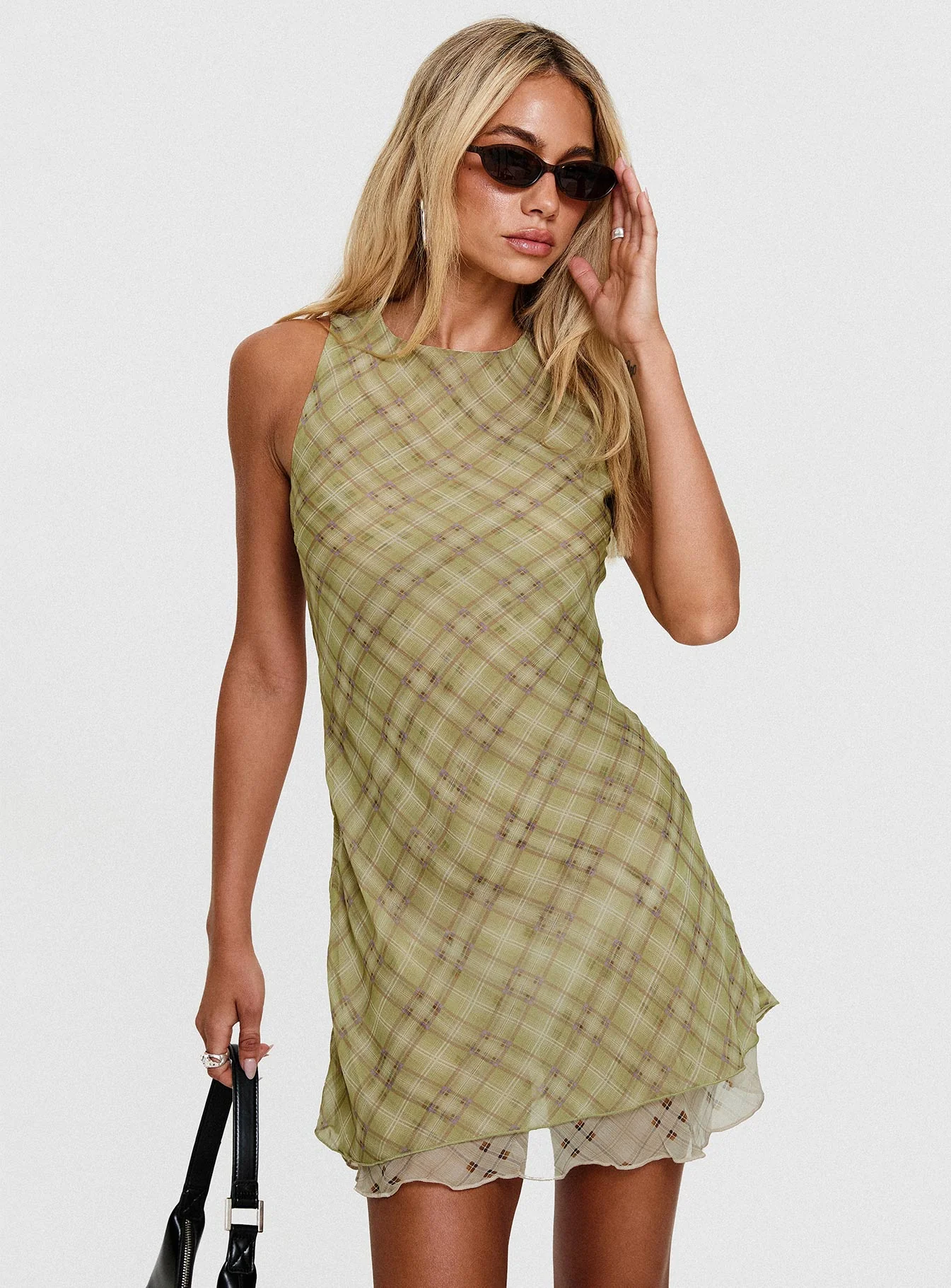 Buffie Shoulder Mini Dress Green Check - Image 8