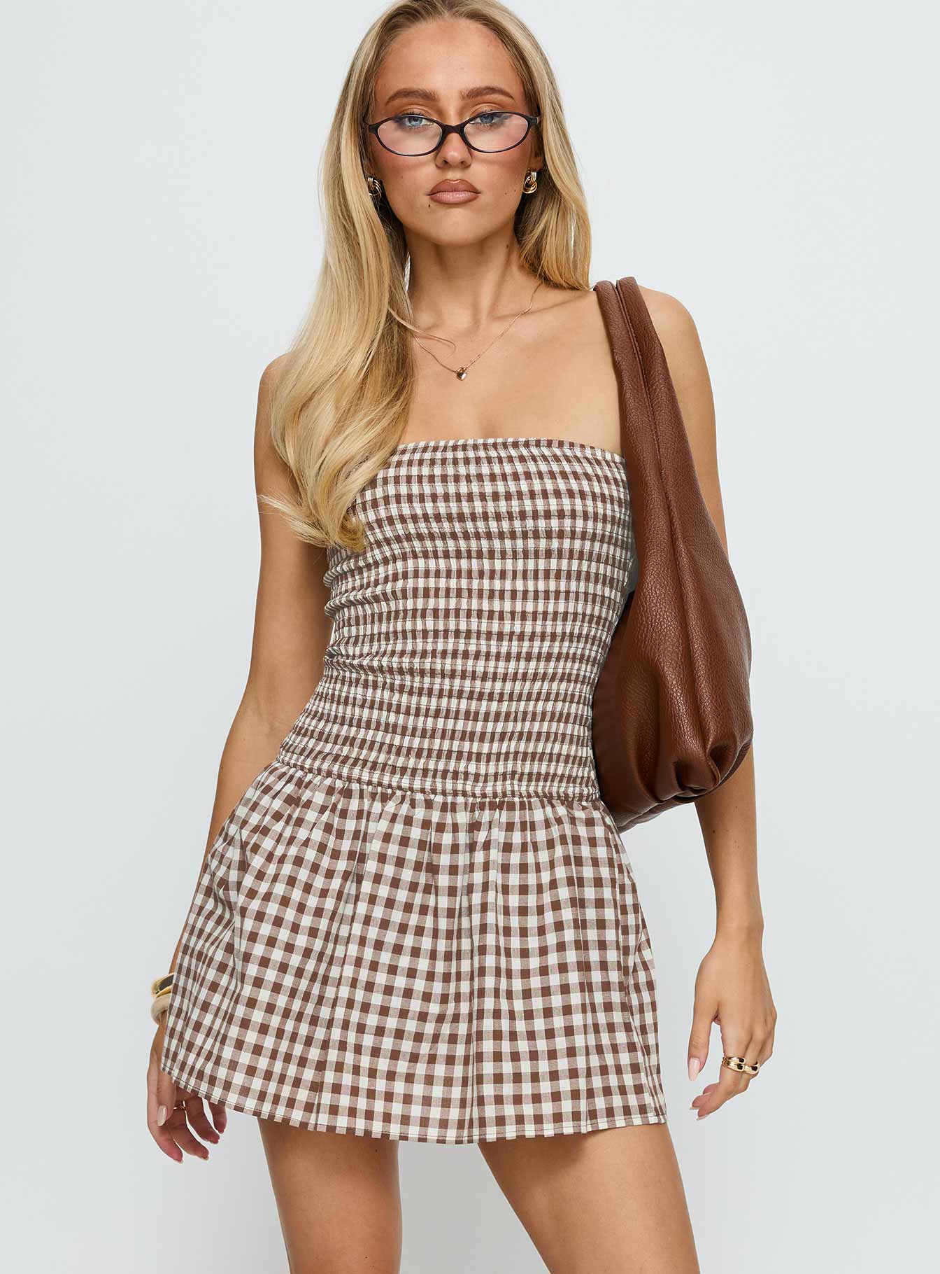 Burnell Shirred Strapless Playsuit Brown Check - Image 2