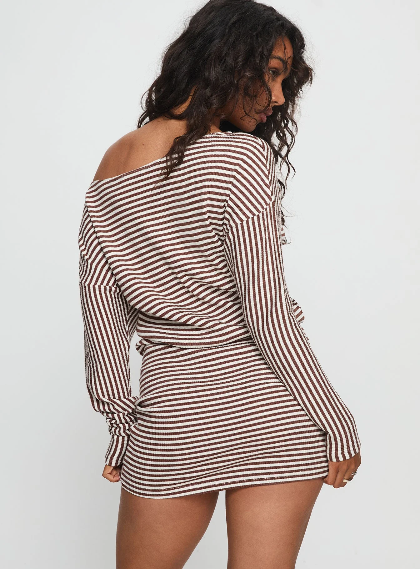 Caia Off Shoulder Long Sleeve Jersey Mini Dress Chocolate Stripe - Image 5