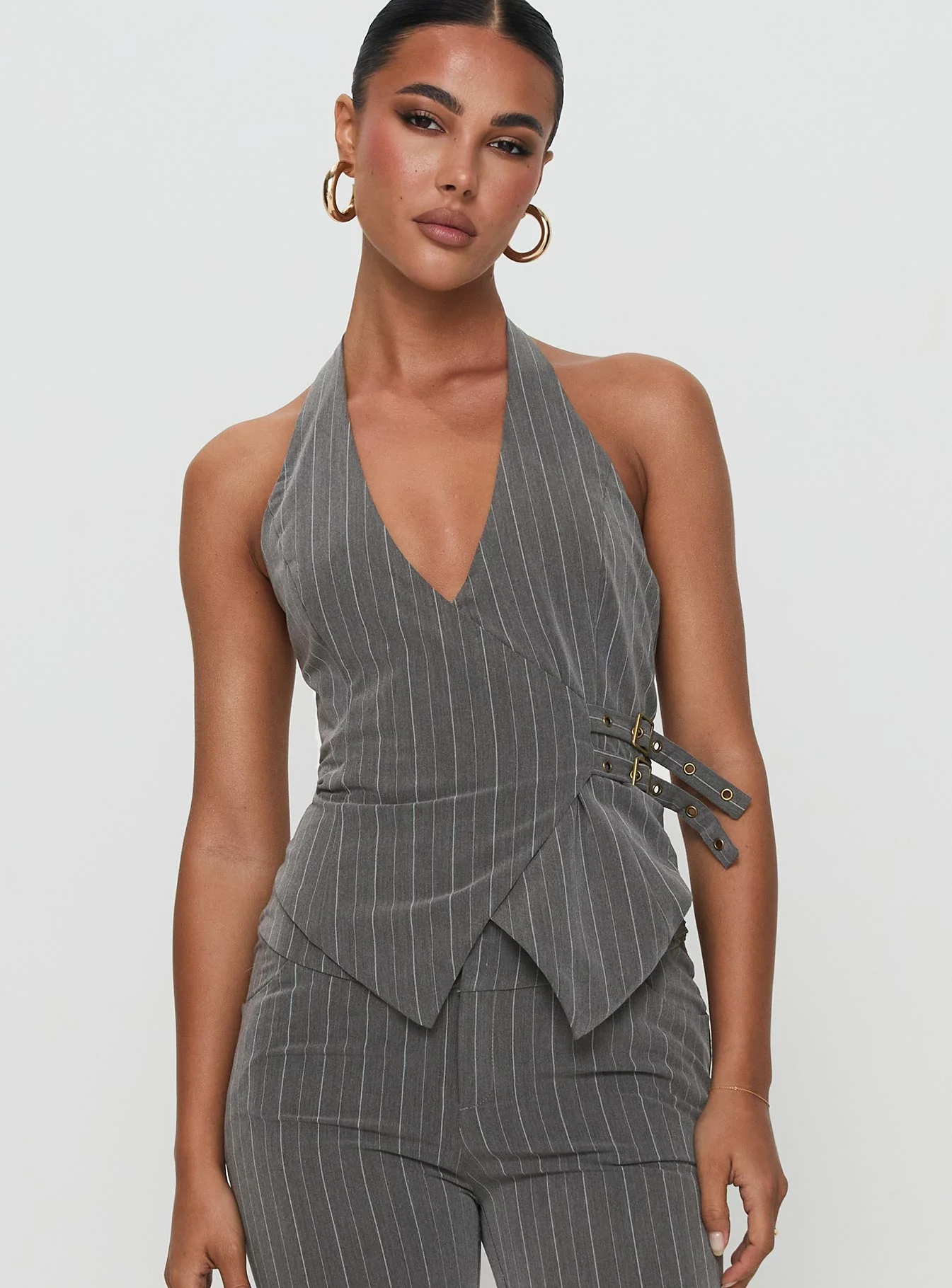 Calexico Buckle Halter Top Grey Pinstripe - Image 2