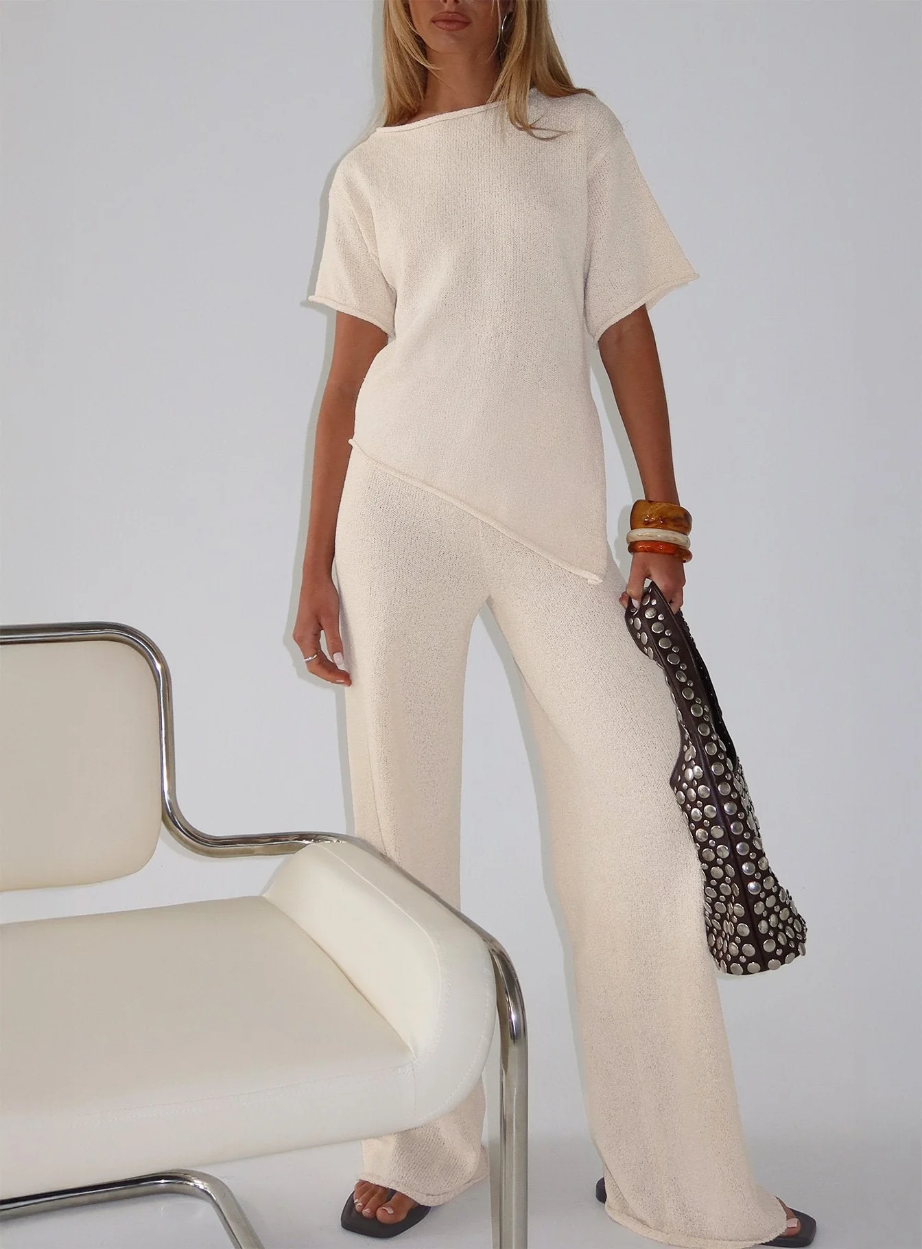 Calisse Knit Wide Leg Pants Beige
