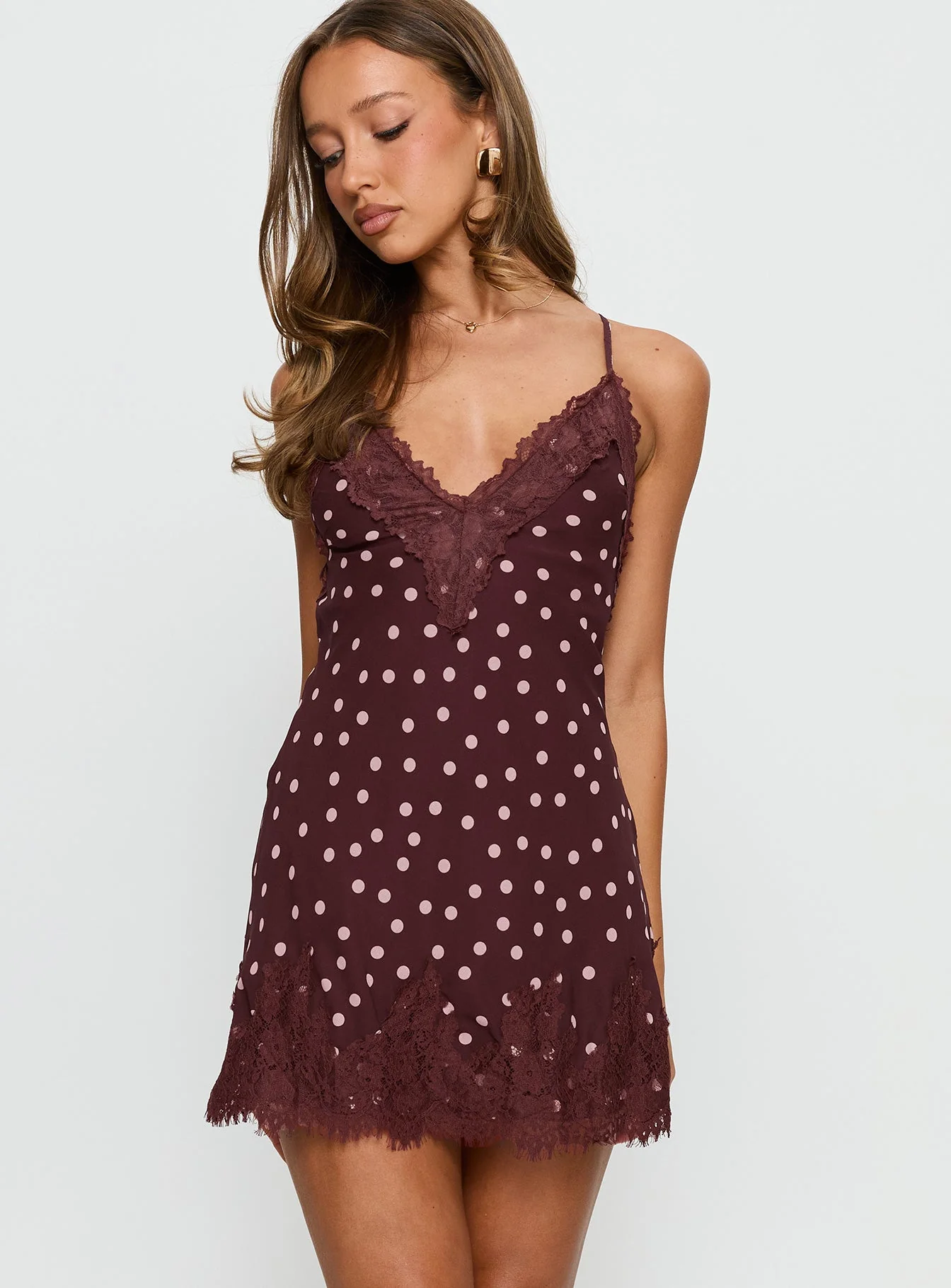 Call My Lover Lace Slip Mini Dress Brown Polka Dot - Image 2