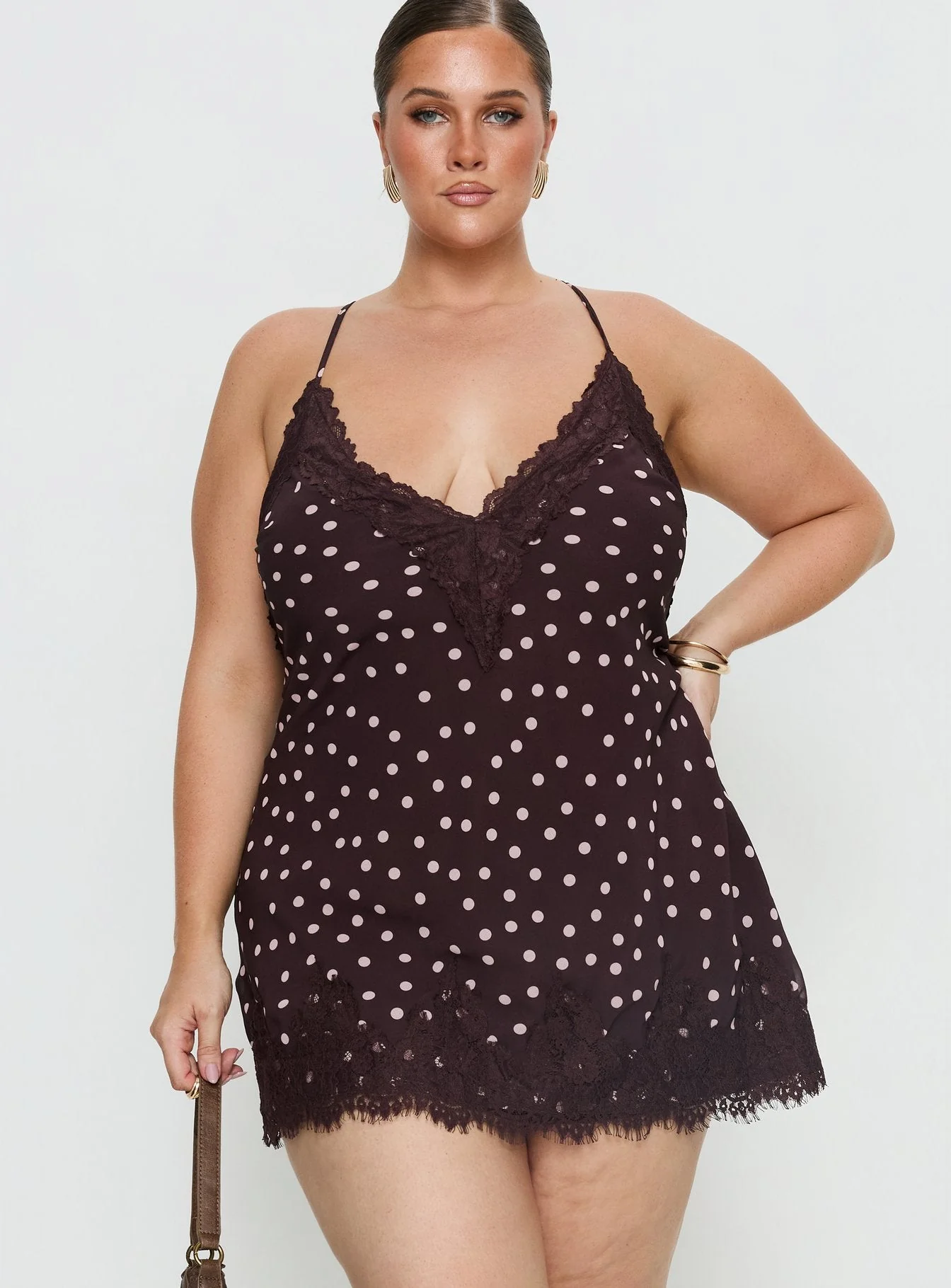 Call My Lover Lace Slip Mini Dress Brown Polka Curve - Image 2