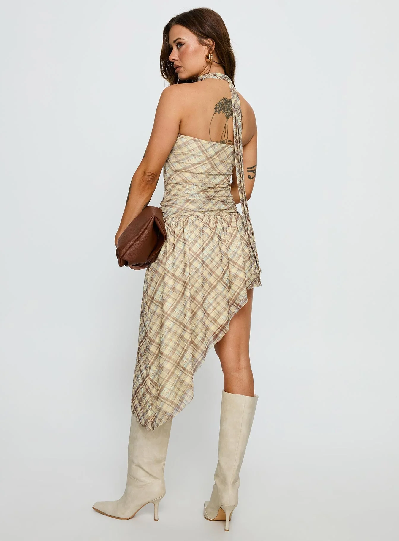 Cambria Strapless Scarf Midi Dress Yellow Check - Image 5