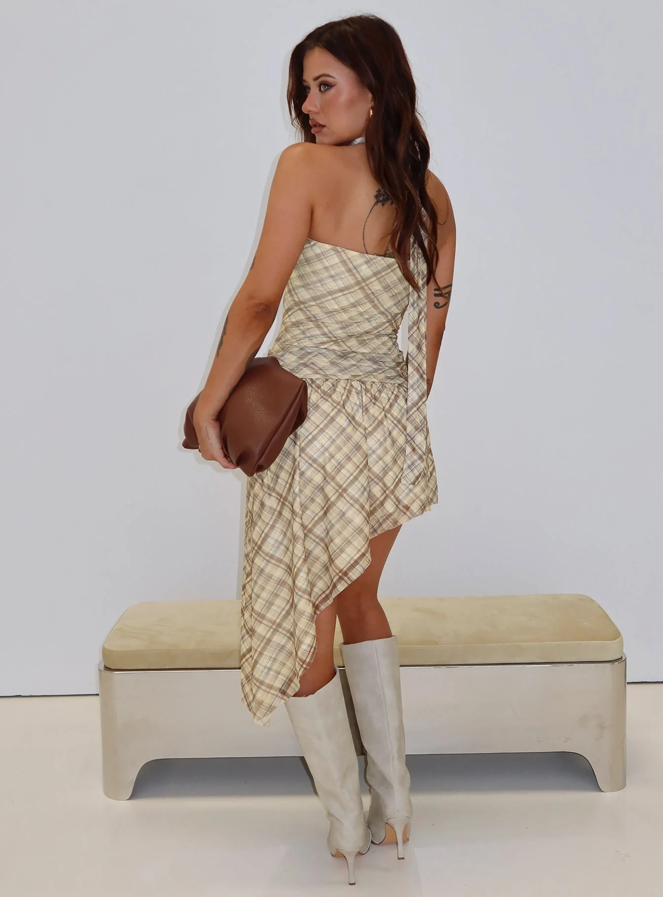 Cambria Strapless Scarf Midi Dress Yellow Check - Image 8