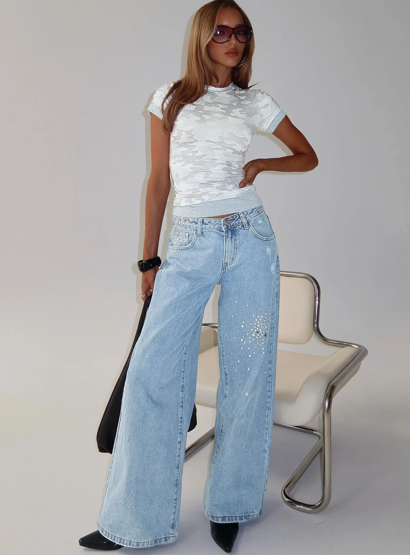 Candi Mid Rise Wide Leg Studded Jeans Light Blue Wash
