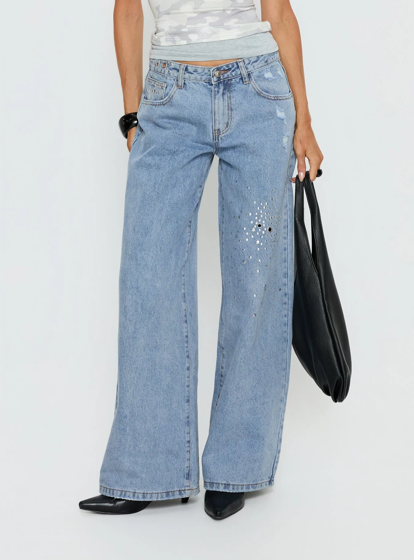Candi Mid Rise Wide Leg Studded Jeans Light Blue Wash - Image 2