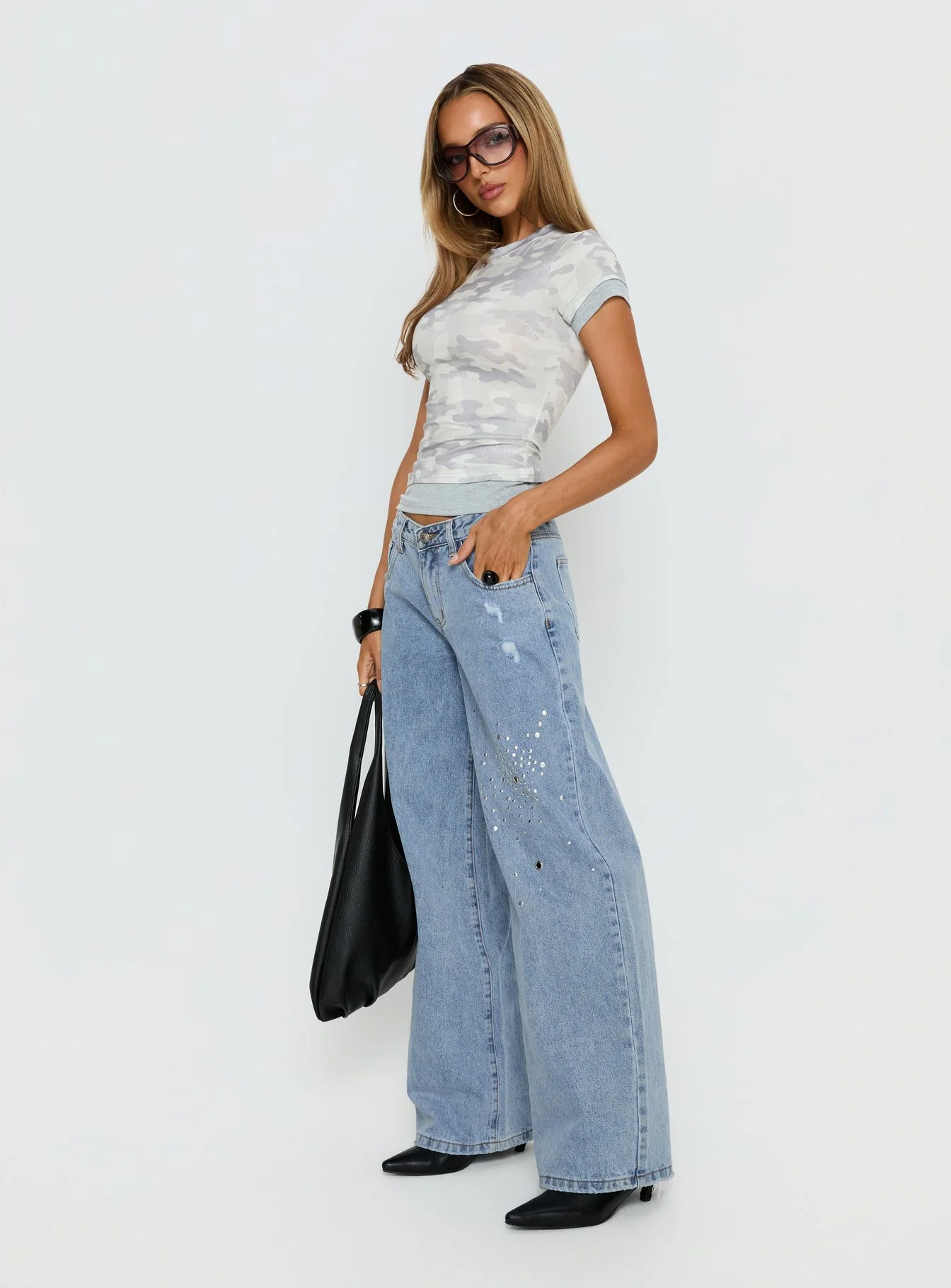 Candi Mid Rise Wide Leg Studded Jeans Light Blue Wash - Image 4