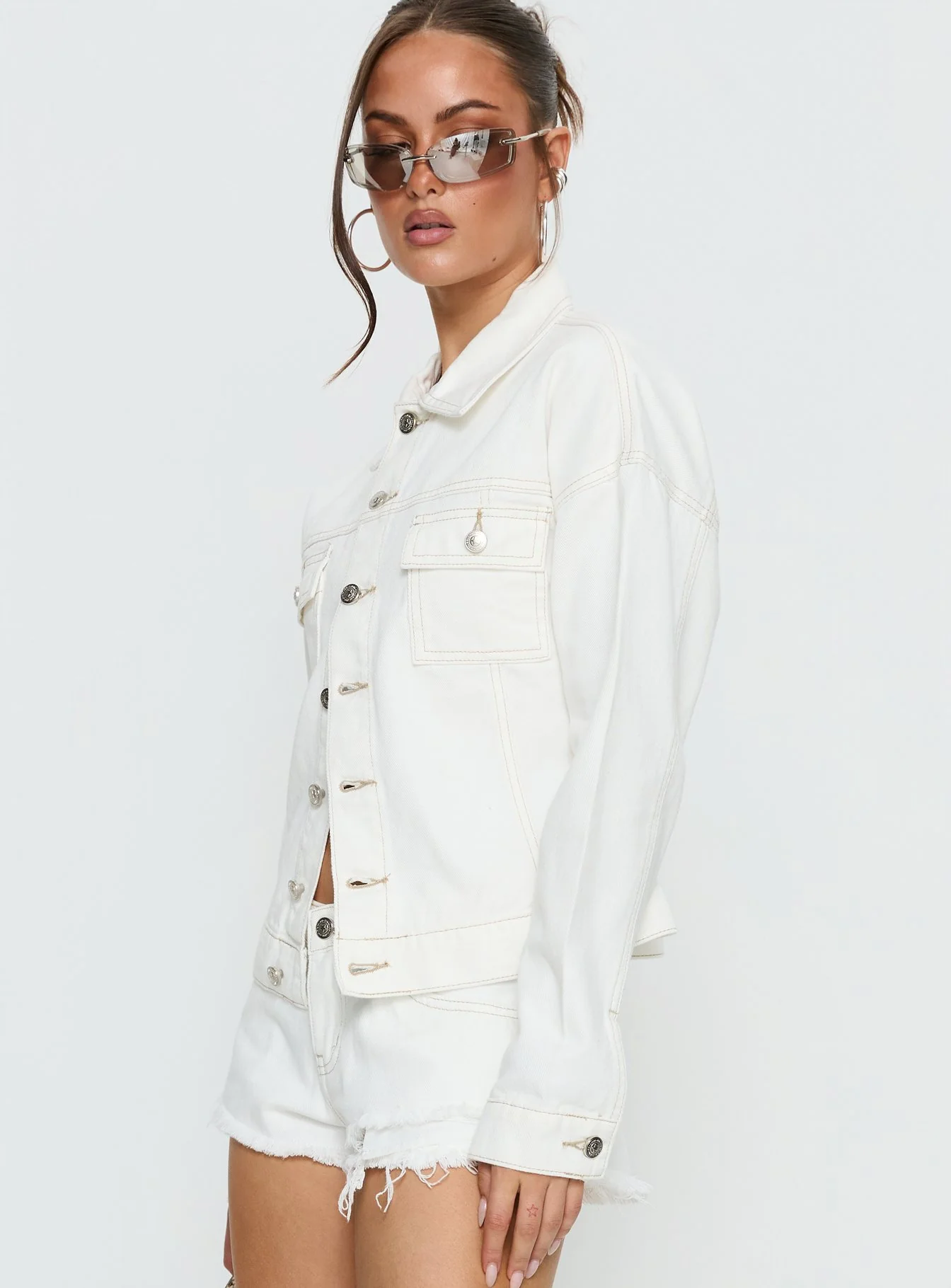 Caresse Cinched Denim Jacket White - Image 4