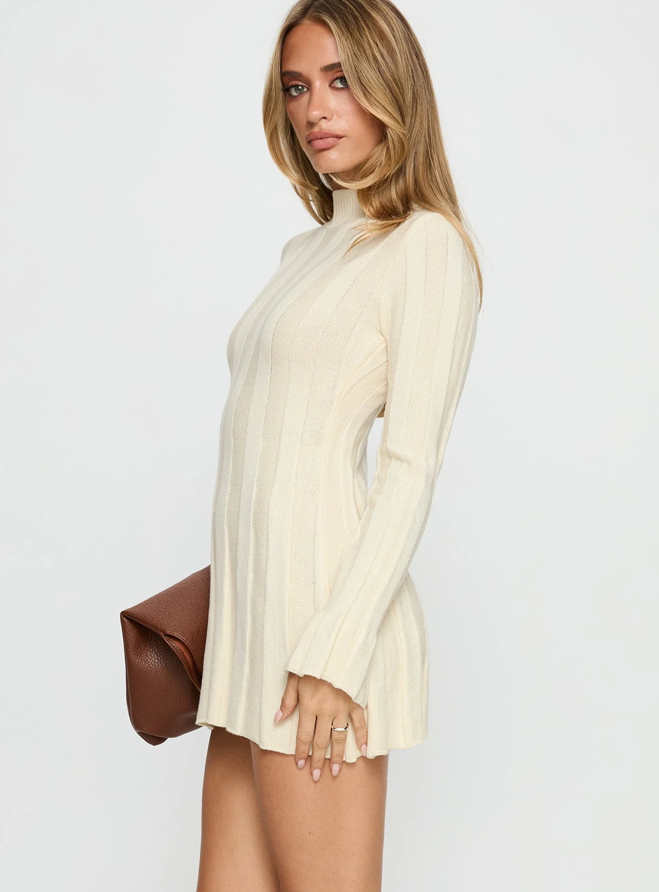 Carlee Rib Long Sleeve Mini Dress Cream - Image 4