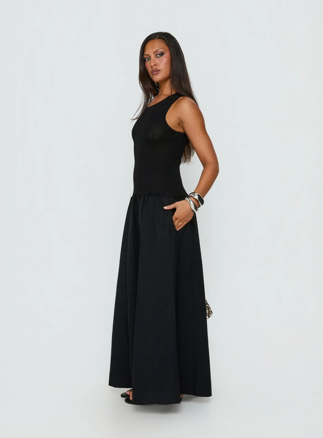 Carlene Shirred Drop Waist Maxi Dress Black - Image 3