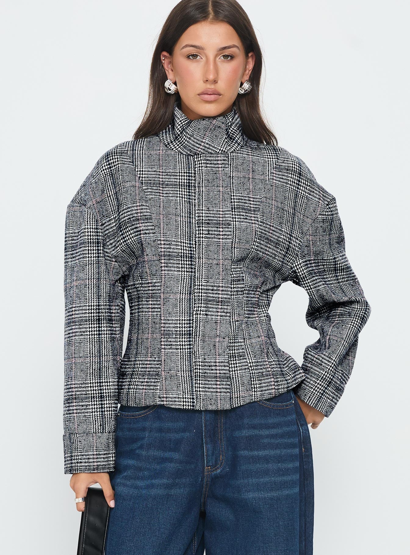 Cathrine Cinched High Neck Jacket Grey Plaid - Image 2