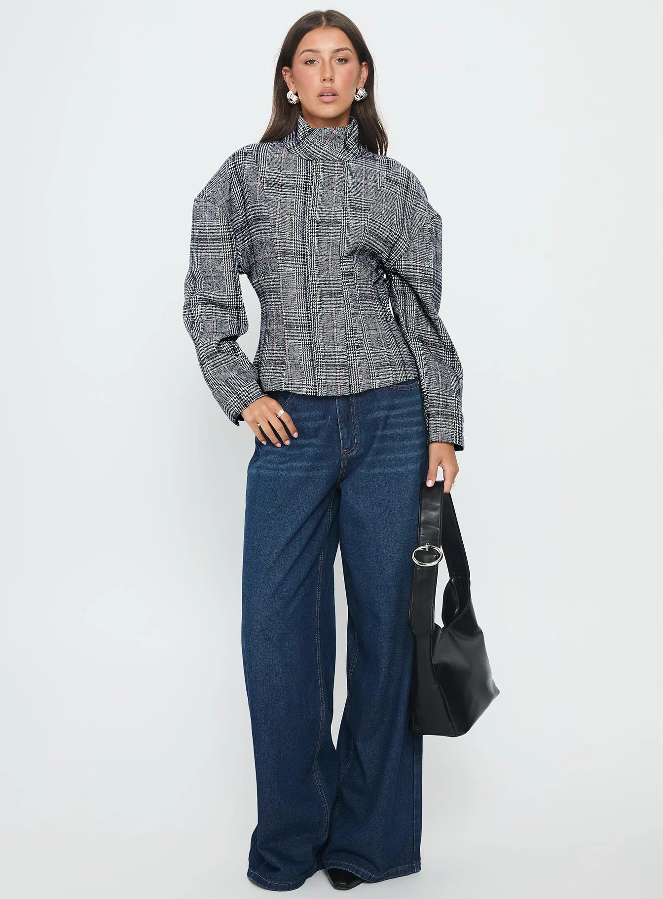 Cathrine Cinched High Neck Jacket Grey Plaid - Image 3