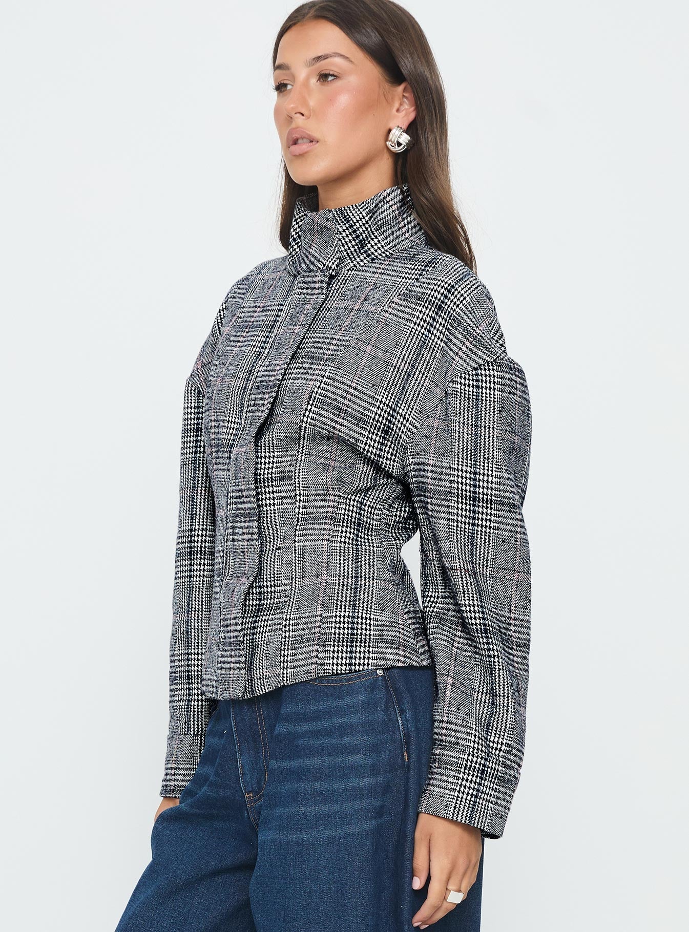 Cathrine Cinched High Neck Jacket Grey Plaid - Image 4