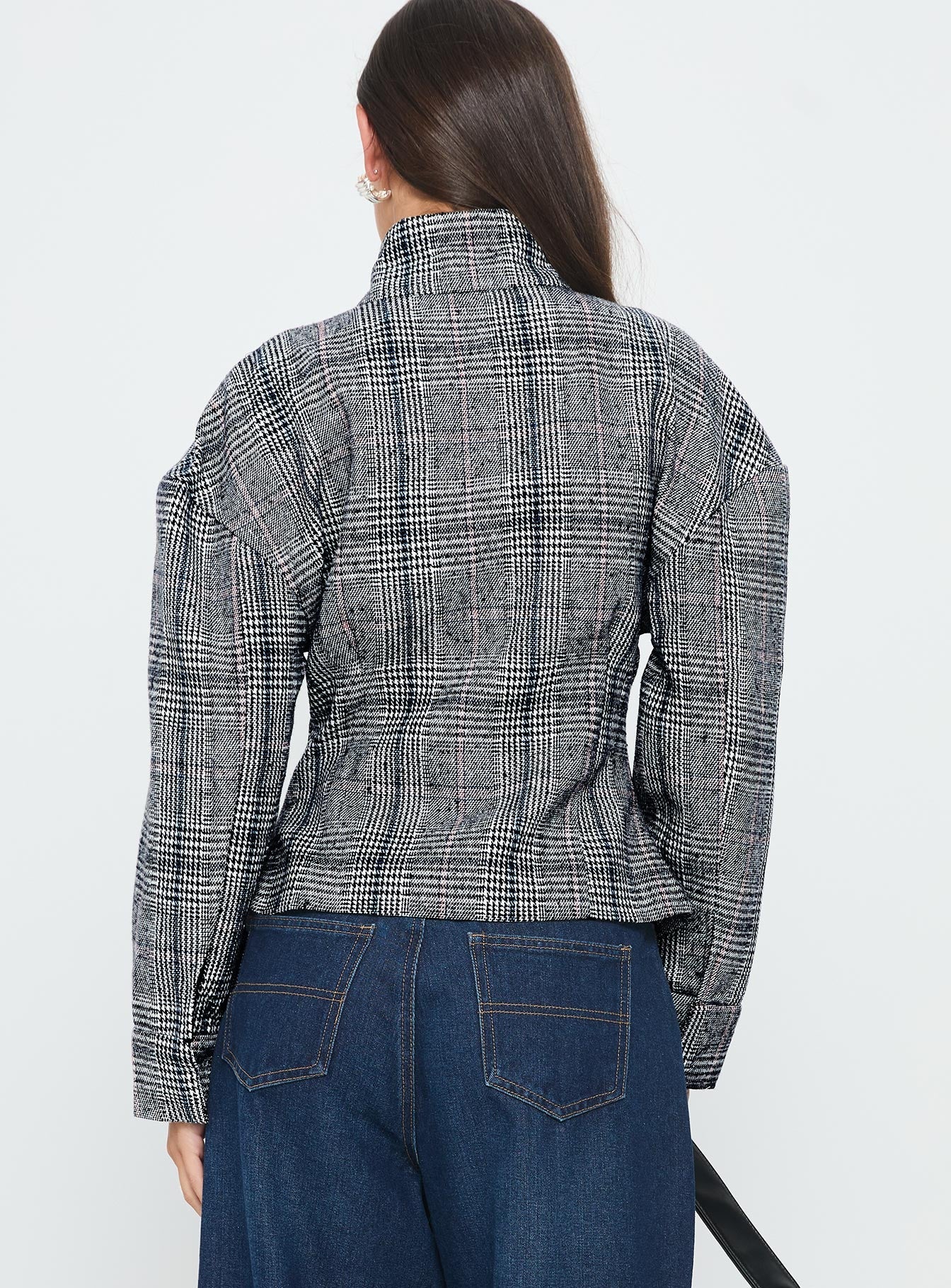Cathrine Cinched High Neck Jacket Grey Plaid - Image 5
