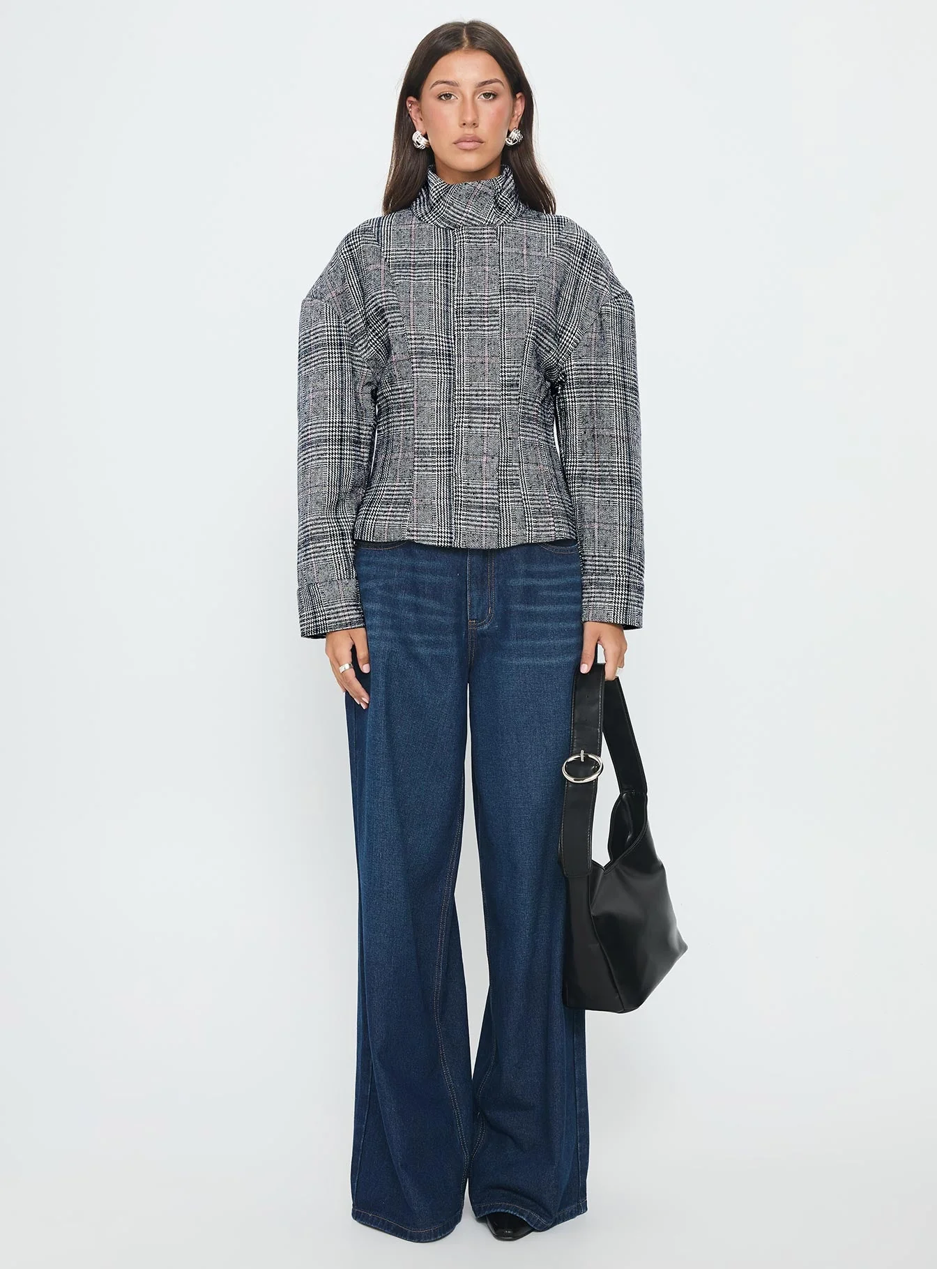 Cathrine Cinched High Neck Jacket Grey Plaid - Image 7