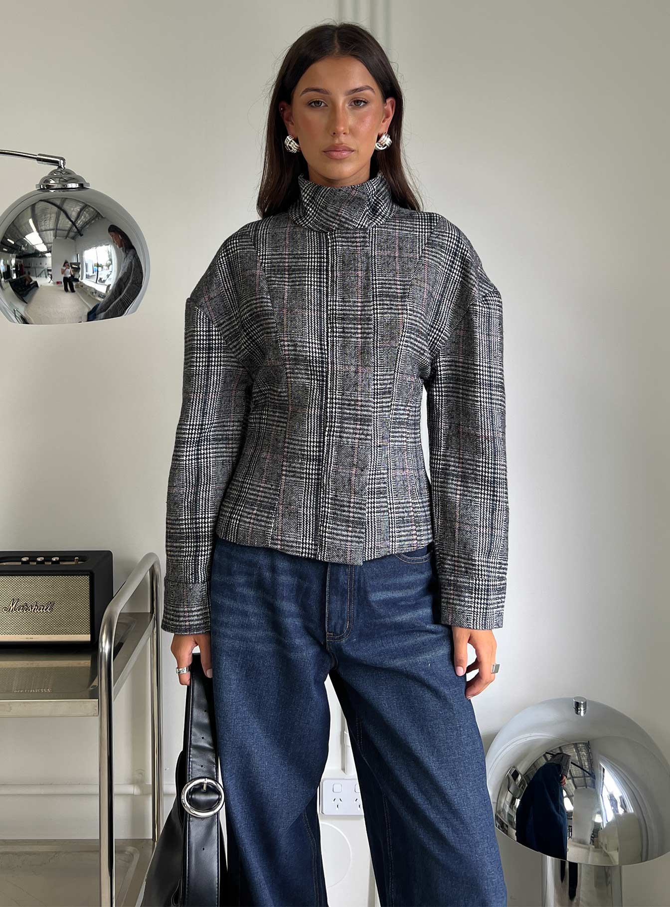 Cathrine Cinched High Neck Jacket Grey Plaid - Image 8