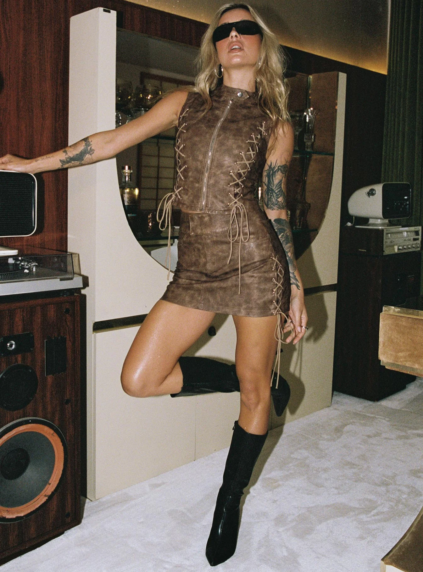 Ceejay Faux Leather Mini Skirt Brown - Image 8