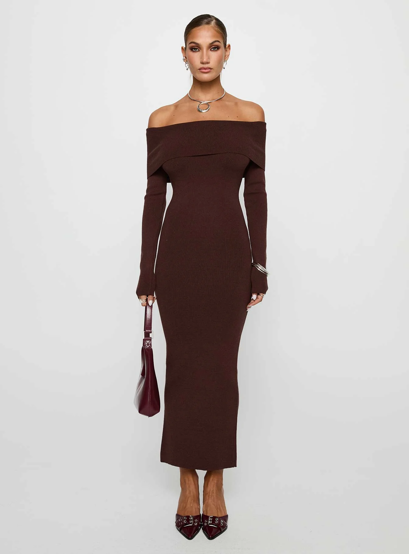 Celestara Long Sleeve Off Shoulder Maxi Dress Chocolate - Image 6