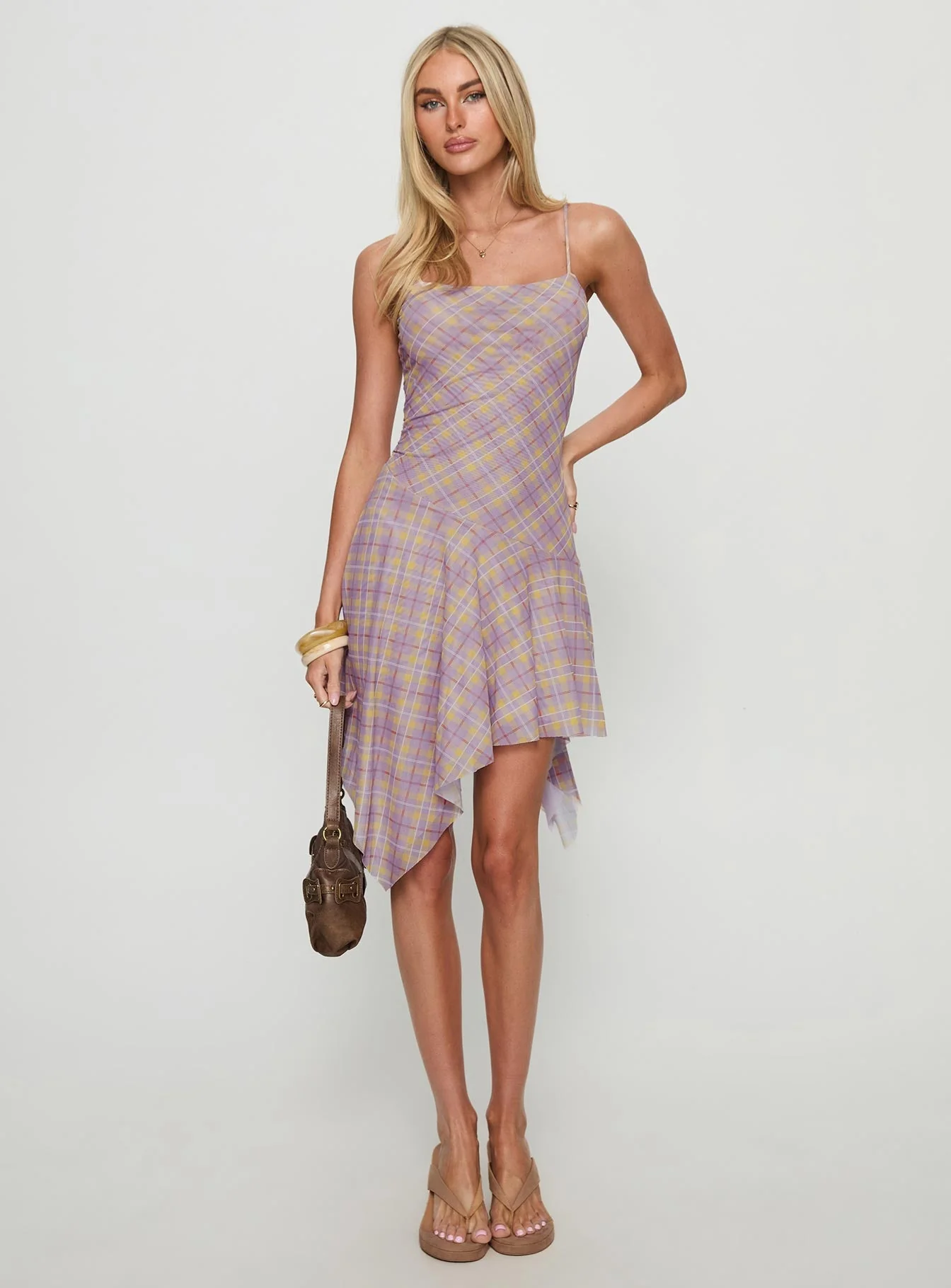 Celinda Asymmetrical Midi Dress Pink Multi Check - Image 2