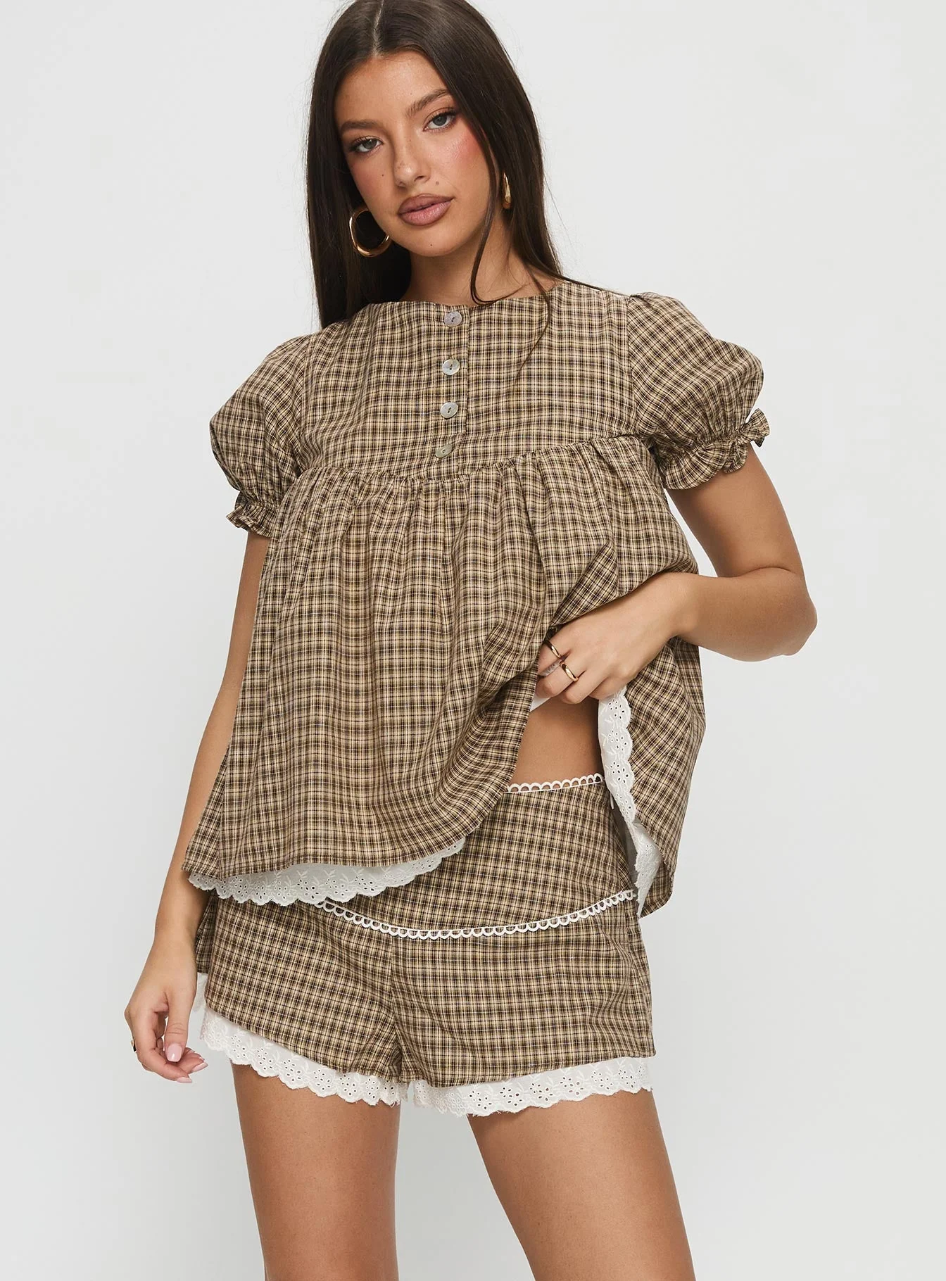 Chandelier Mini Lace Trim Shorts Brown Check - Image 2
