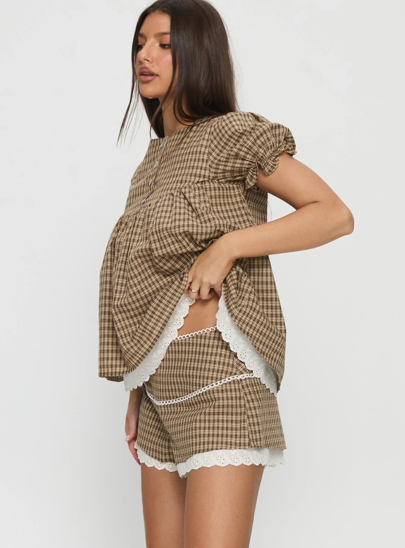 Chandelier Mini Lace Trim Shorts Brown Check - Image 4