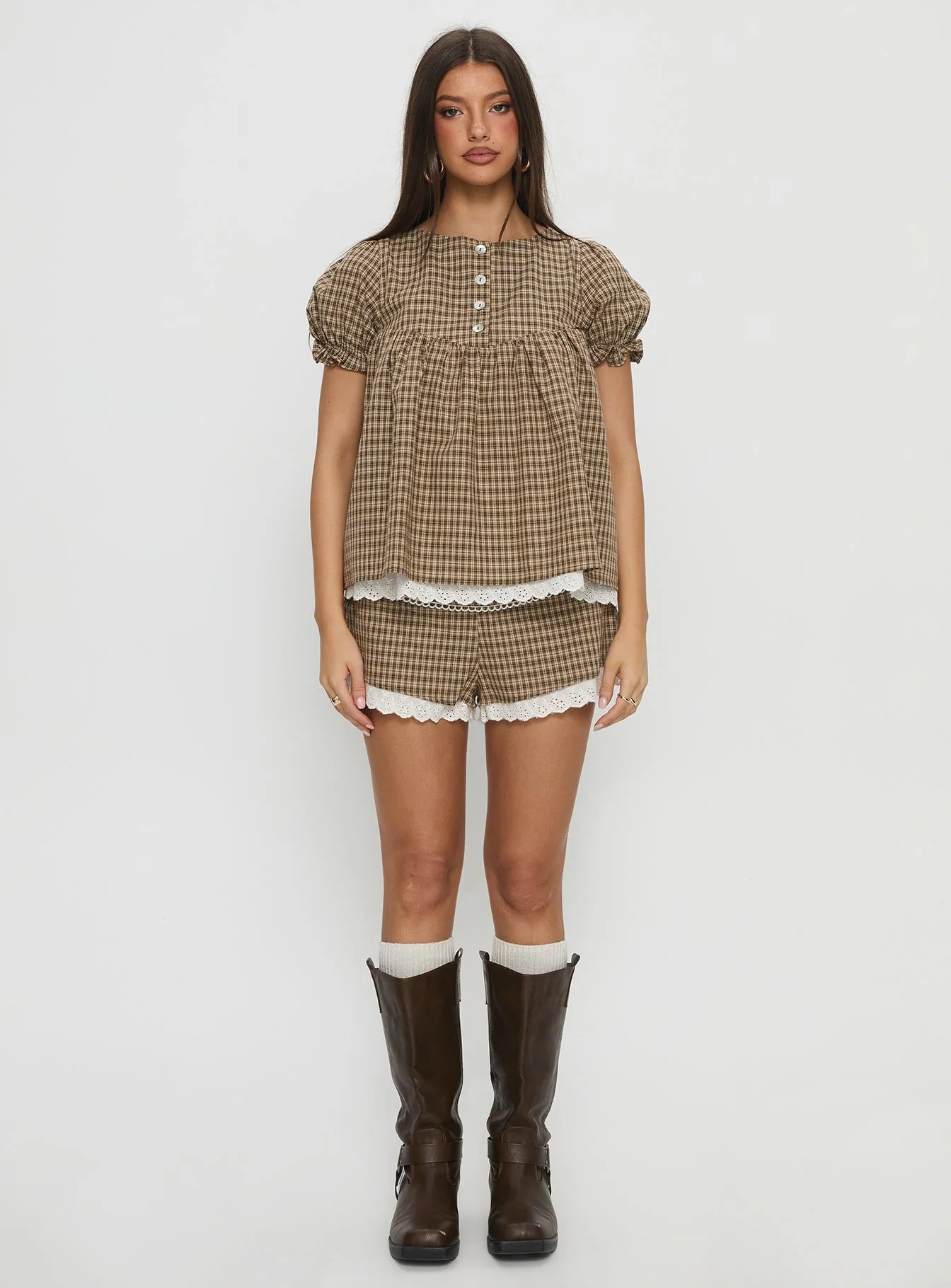 Chandelier Mini Lace Trim Shorts Brown Check - Image 7