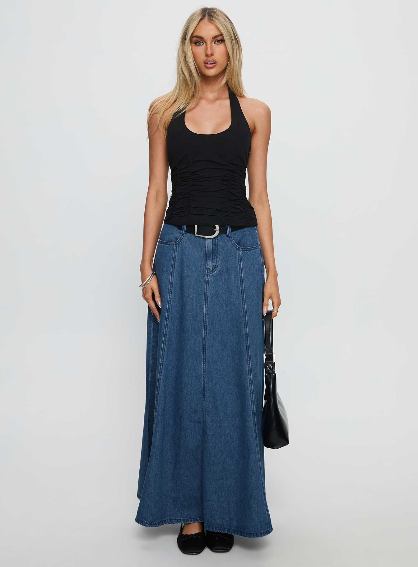 Charleigh Soft Pleat Denim Maxi Skirt Mid Blue Wash - Image 7