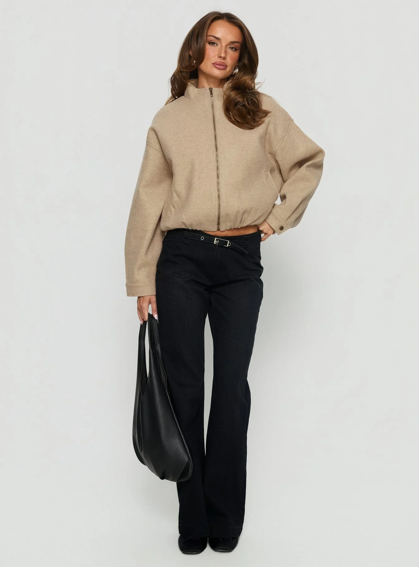 Chayden Cropped Faux Wool Bomber Jacket Beige - Image 2