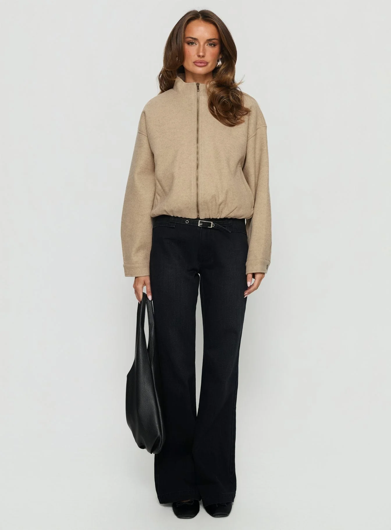 Chayden Cropped Faux Wool Bomber Jacket Beige - Image 6