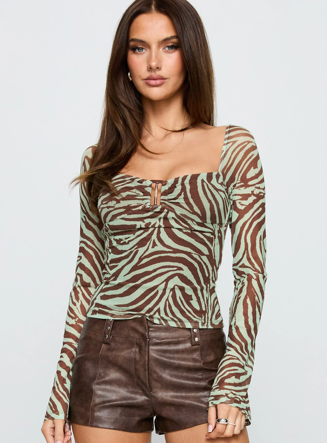 Cielo Mesh Long Sleeve Top Green / Brown Zebra - Image 2