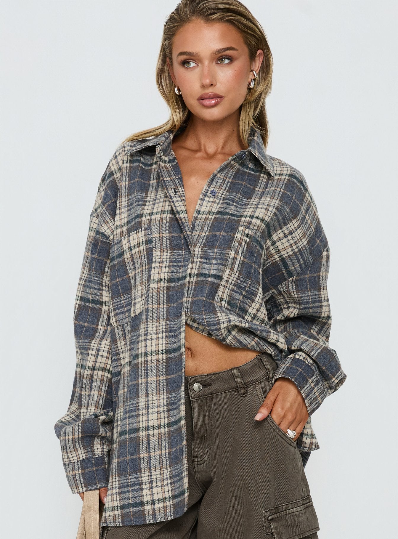 Clarity Oversized Long Sleeve Shirt Ash Plaid - Image 2