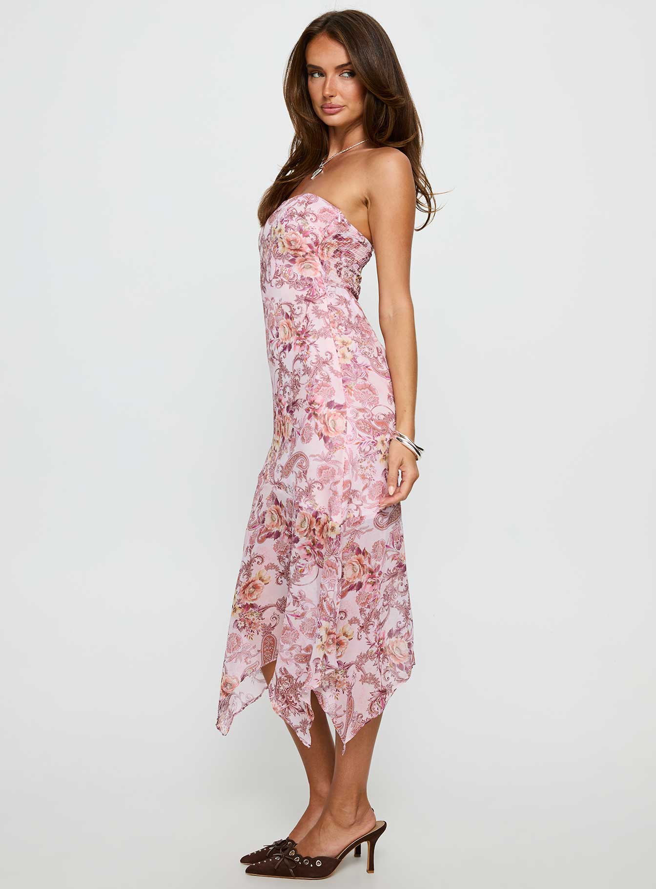 Coralis Strapless Asymmetrical Midi Dress Pink Paisley - Image 4
