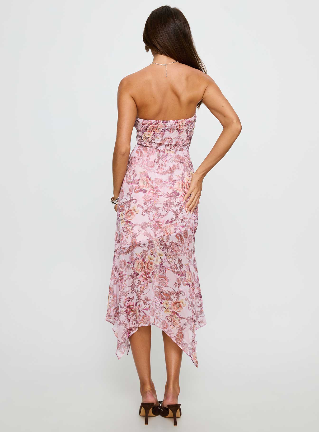 Coralis Strapless Asymmetrical Midi Dress Pink Paisley - Image 5