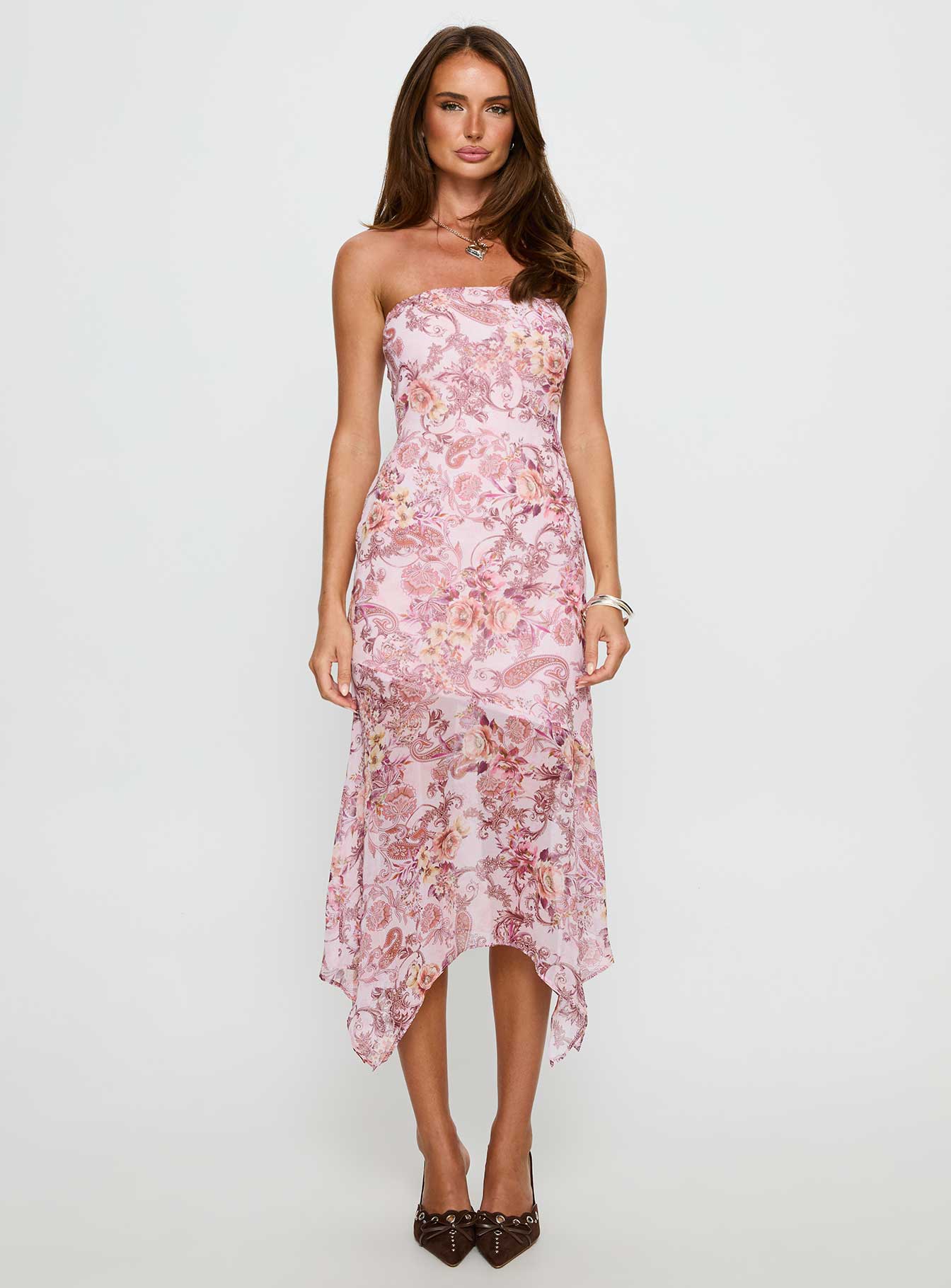 Coralis Strapless Asymmetrical Midi Dress Pink Paisley - Image 7