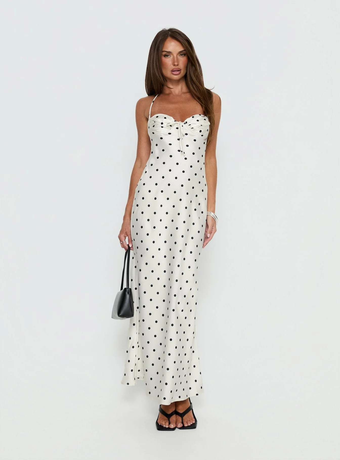 Costella Halter Satin Maxi Dress Cream Polka Dot - Image 3