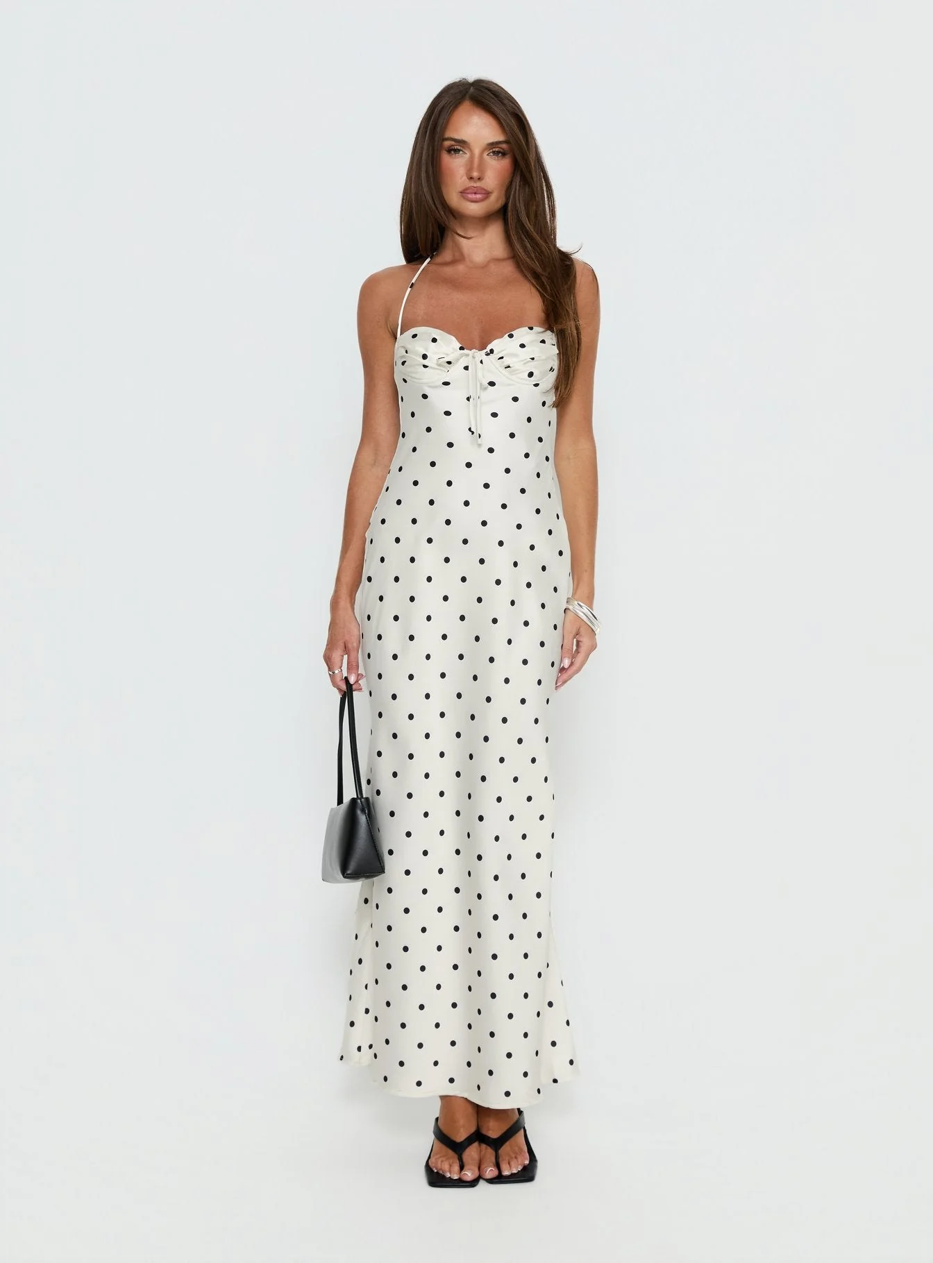 Costella Halter Satin Maxi Dress Cream Polka Dot - Image 7