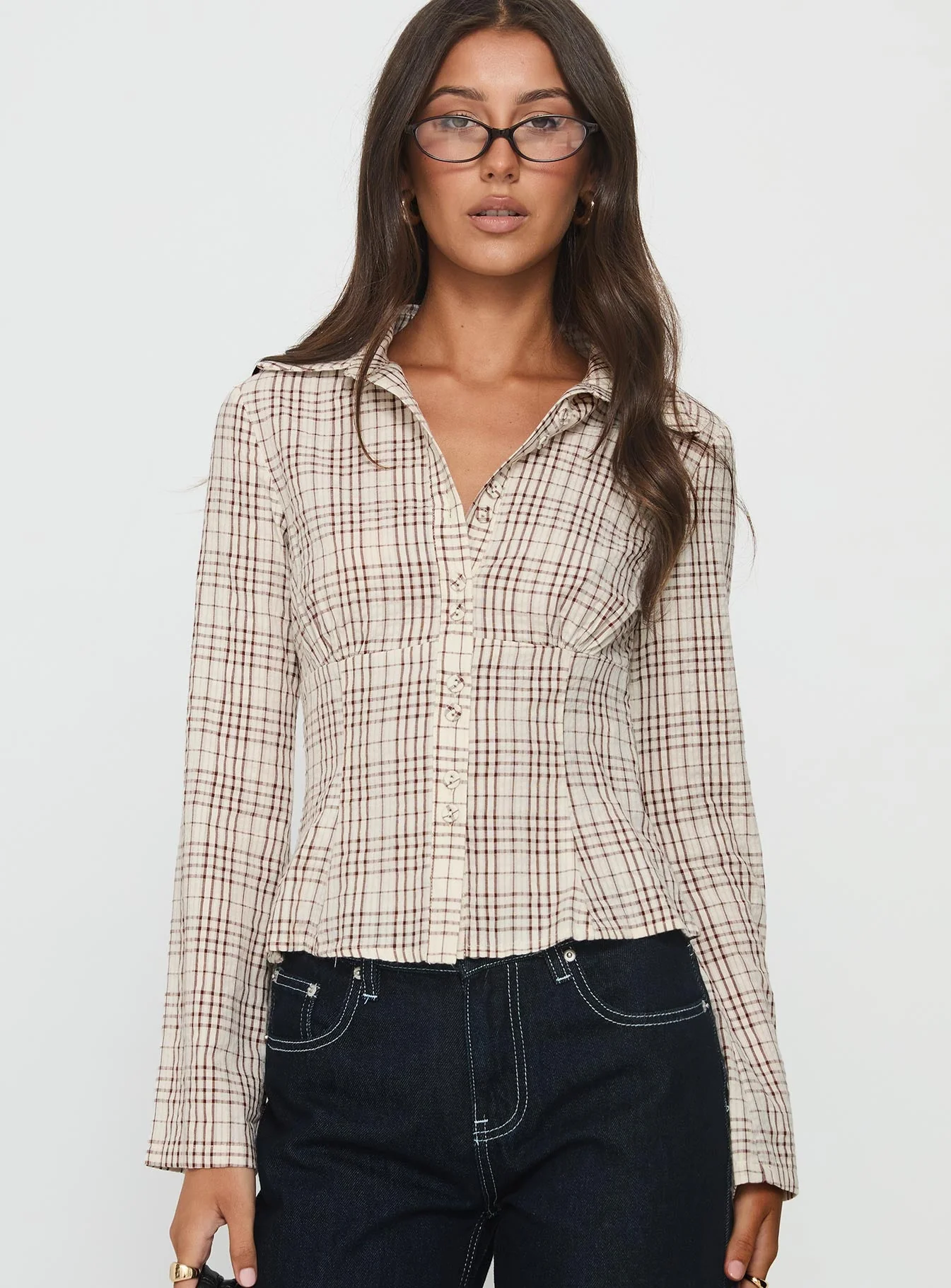Cottesloe Long Sleeve Blouse Top Brown Check - Image 2