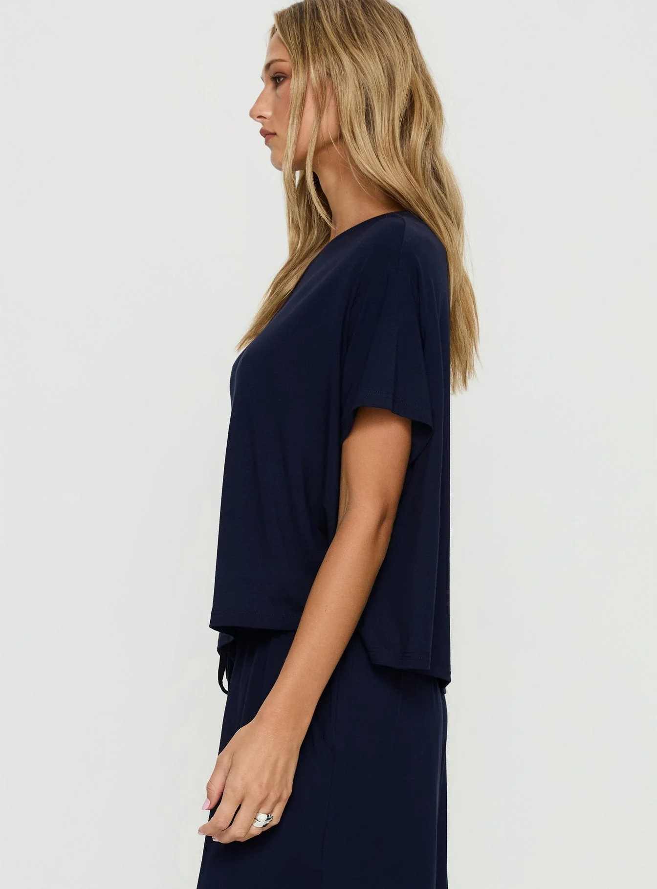 Cozy Hour Sleep Relaxed Off Shoulder Top Navy - Image 4
