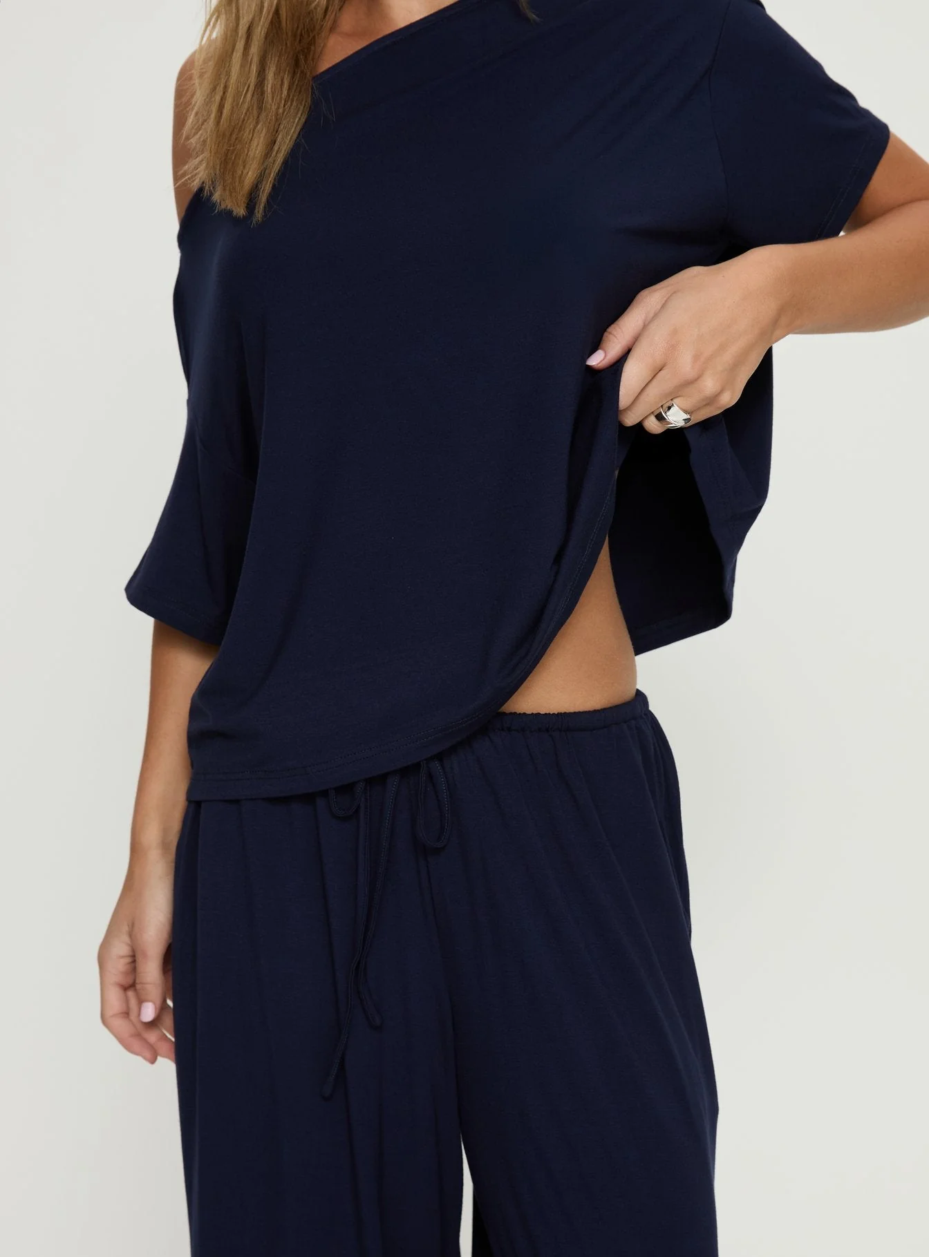 Cozy Hour Sleep Relaxed Off Shoulder Top Navy - Image 6