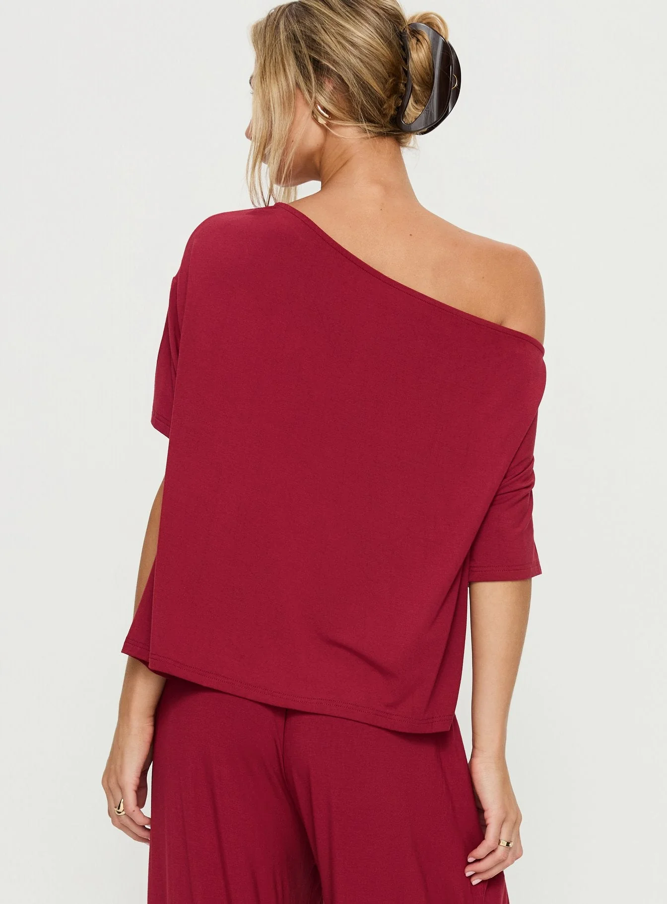 Cozy Hour Sleep Relaxed Off Shoulder Top Red - Image 5