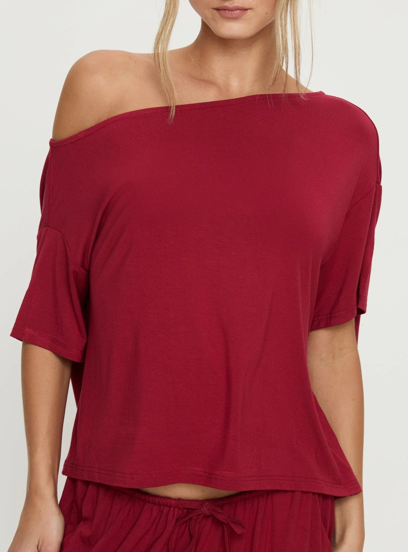 Cozy Hour Sleep Relaxed Off Shoulder Top Red - Image 6